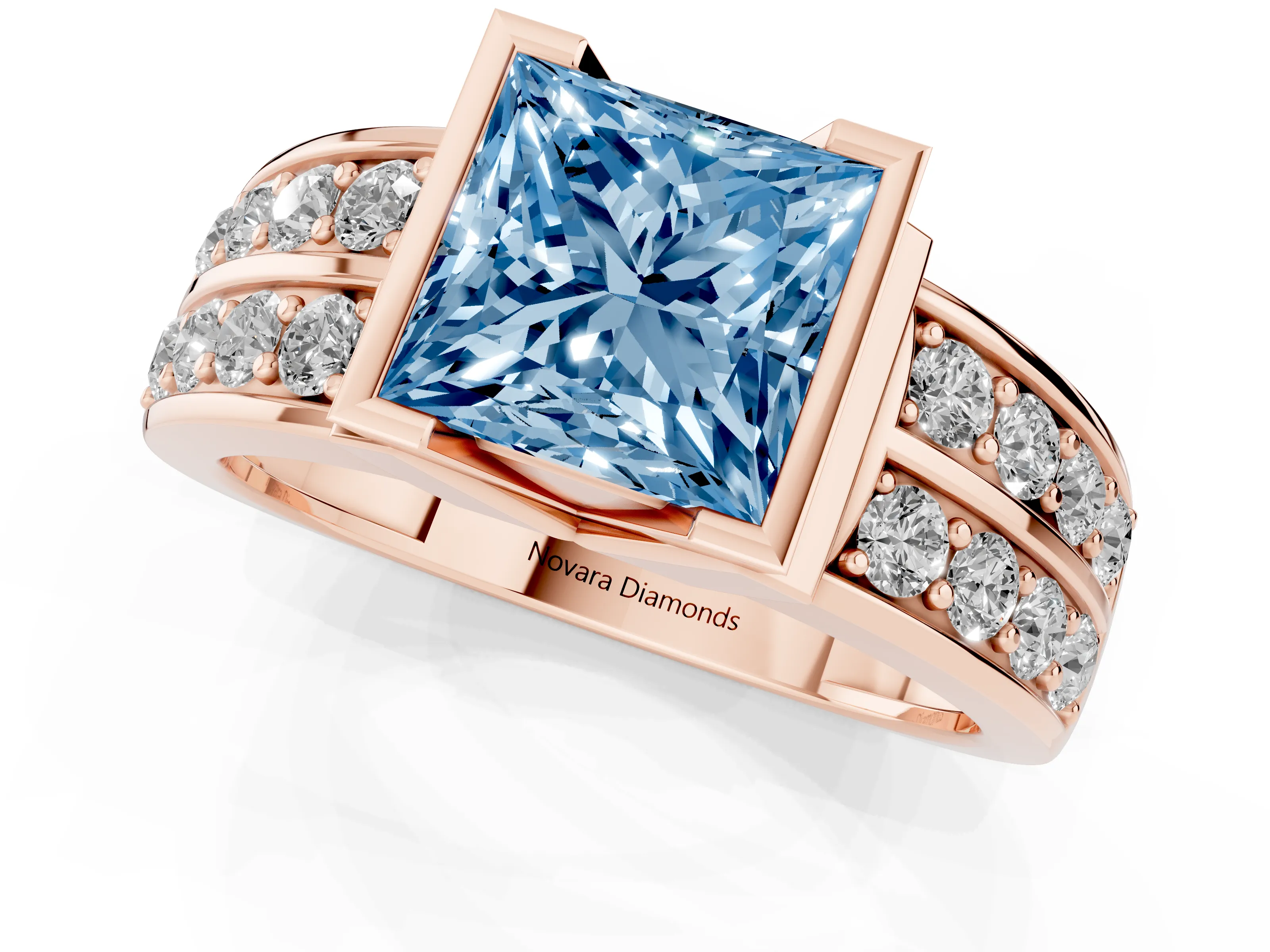 Fancy Blue Princess Cut Diamond Wide Channel Set Band Ring Set in Rose gold with Bezel Setting