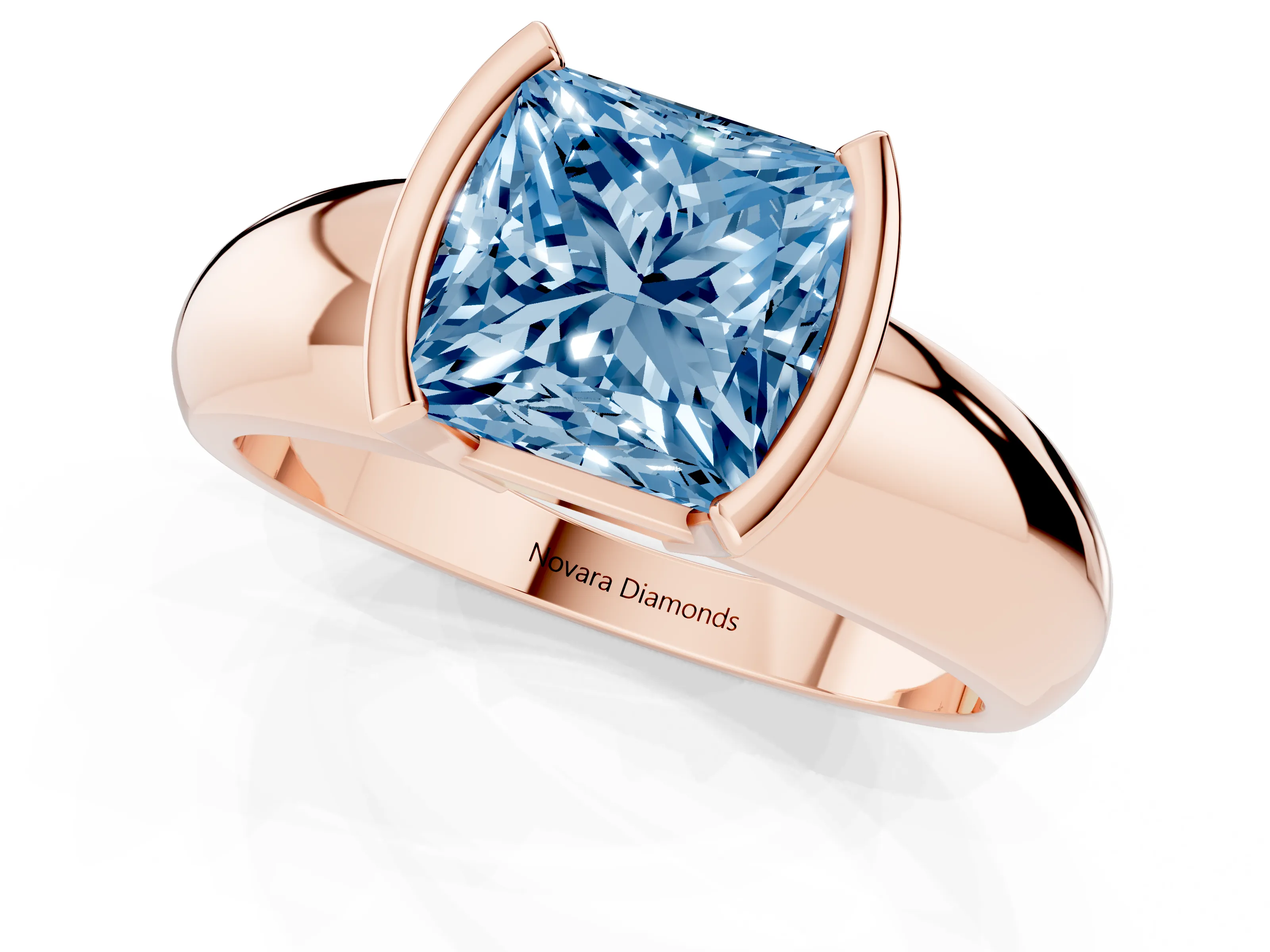 Fancy Blue Princess Cut Diamond Solitaire Tension Set Ring Set in Rose gold with Wide Band