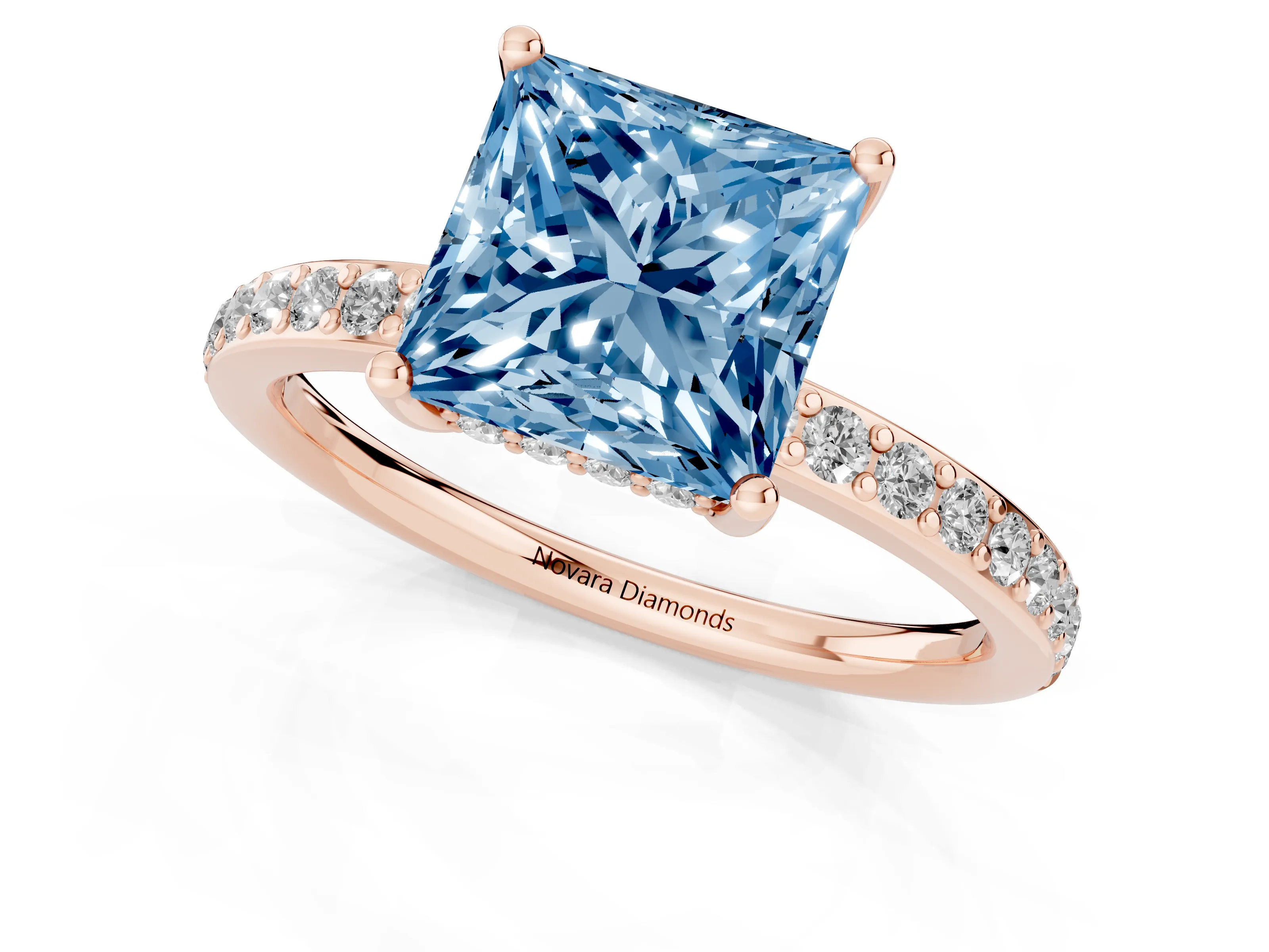 Fancy Blue Princess Cut Diamond Pavé Band Ring Set in Rose gold with Prong-Set Center Stone