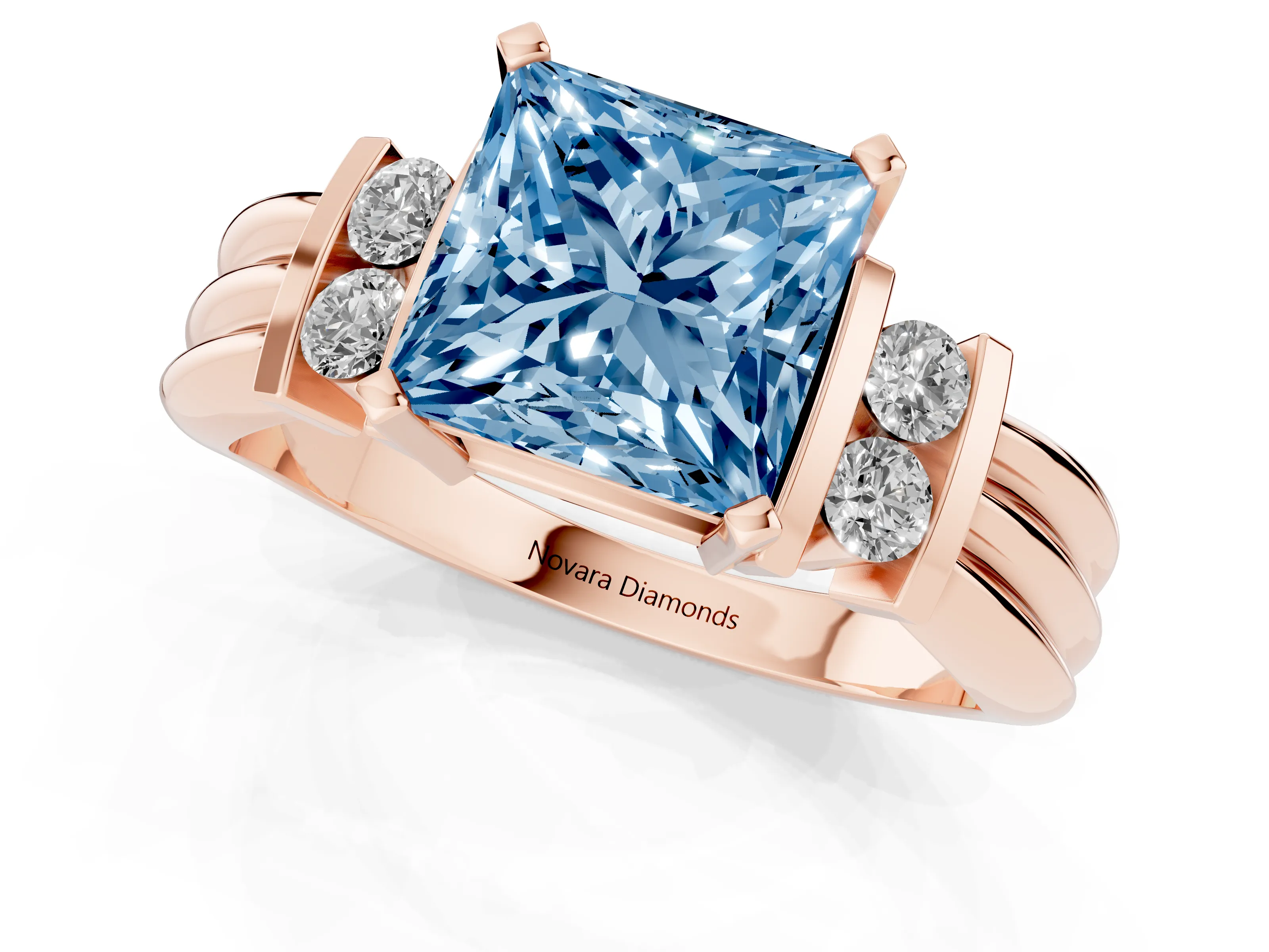 Fancy Blue Three-Stone Princess Cut Diamond Channel Set Ring Set in Rose gold with Bar Prongs
