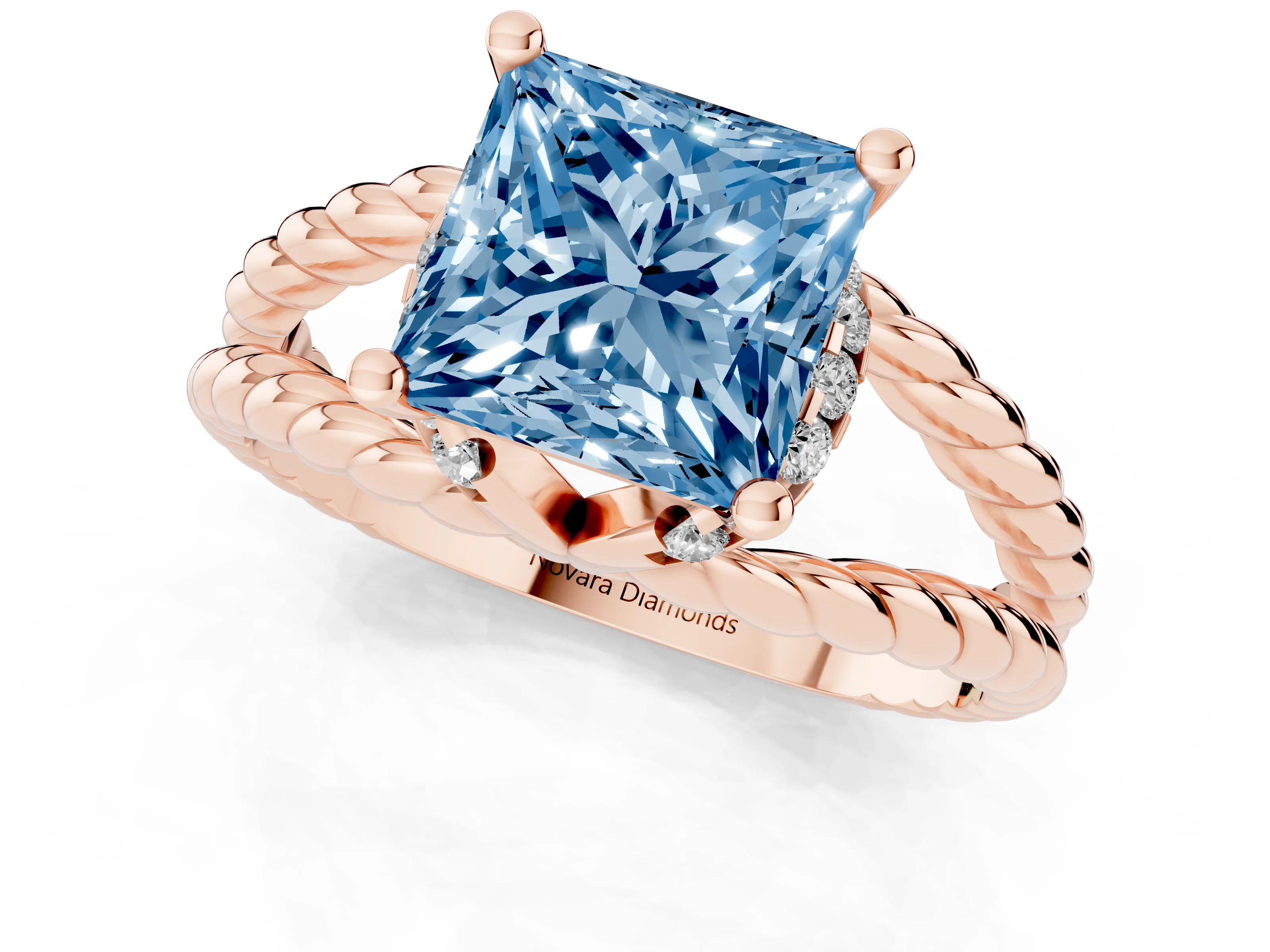 Fancy Blue Princess Cut Diamond Halo Ring Set in Rose gold with Twisted Band and Prong Setting