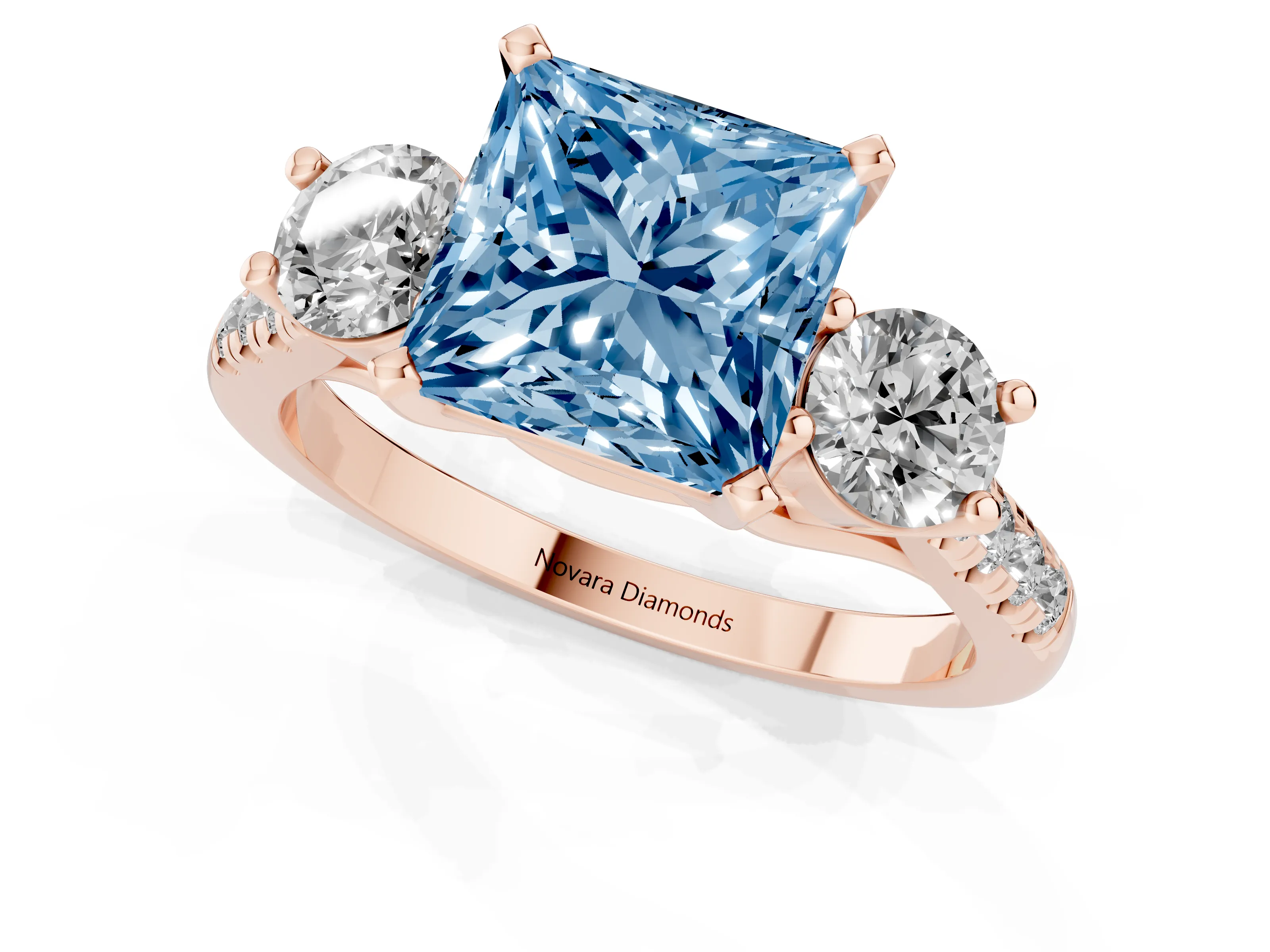 Fancy Blue Three-Stone Princess Cut Diamond Pavé Band Ring Set in Rose gold with Prong-Set Trio