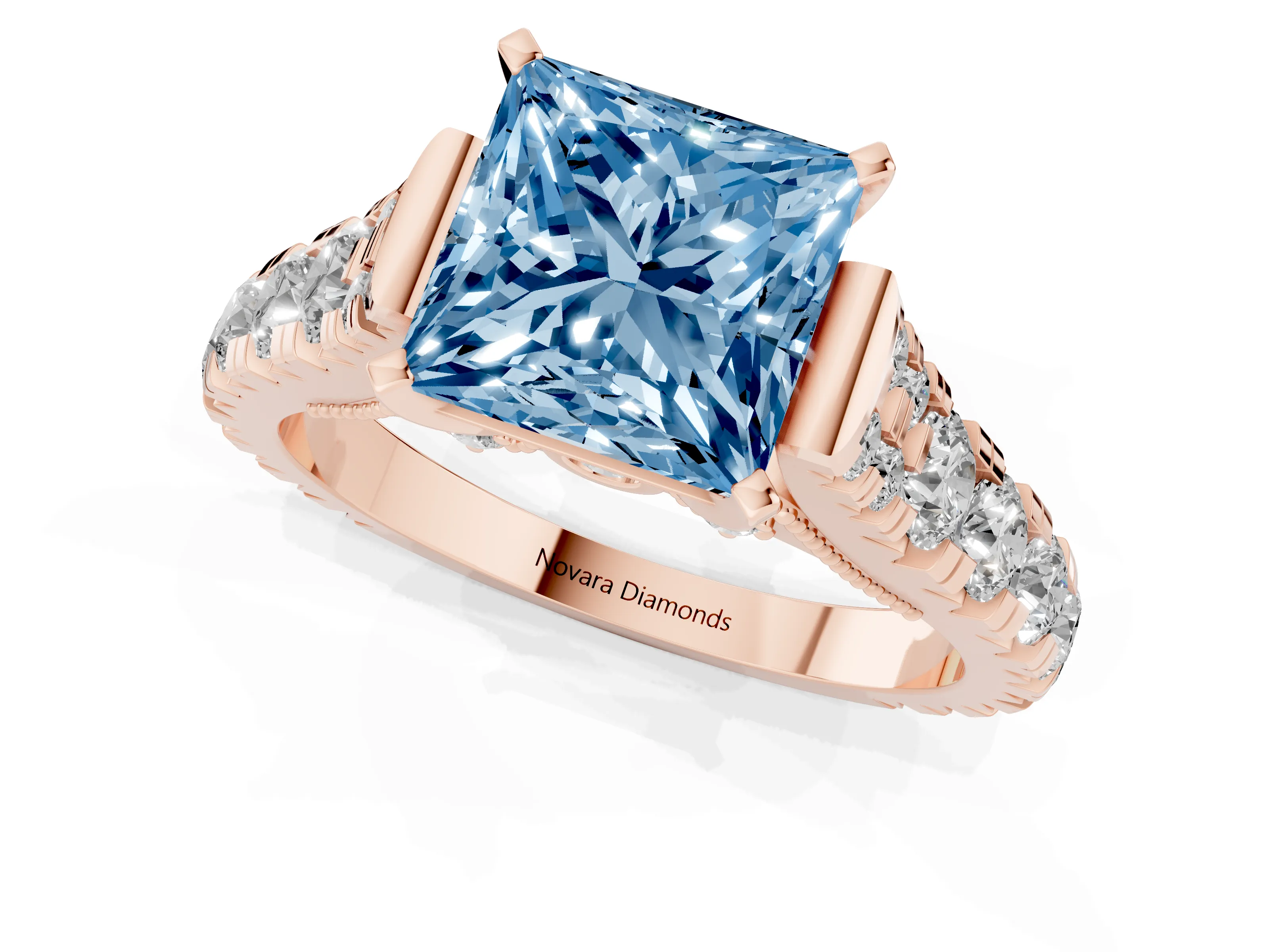 Fancy Blue Princess Cut Diamond Classic Solitaire Ring Set in Rose gold with Pavé Band and Prong Setting