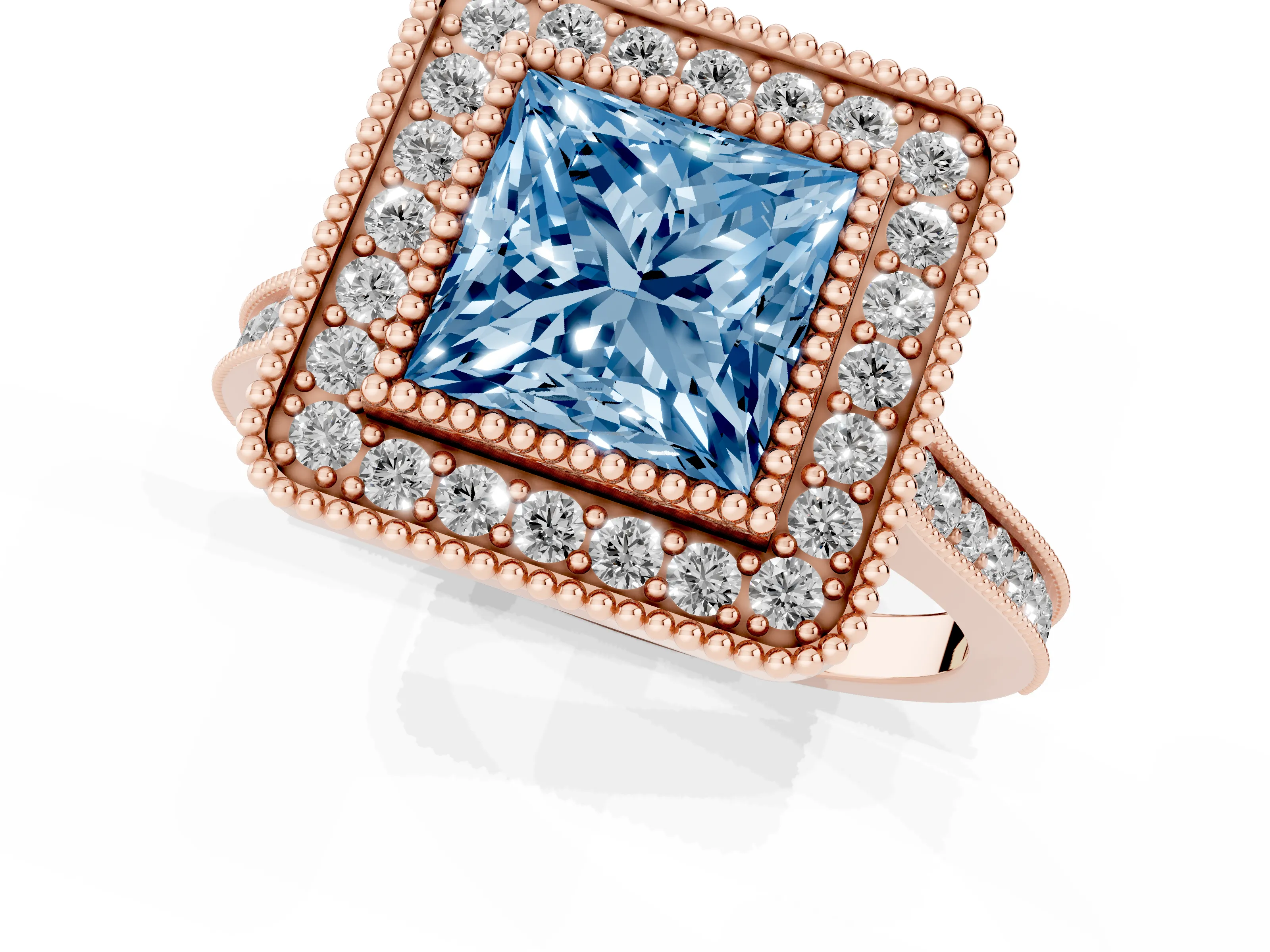 Fancy Blue Princess Cut Diamond Halo Ring Set in Rose gold with Milgrain Frame and Pavé Band