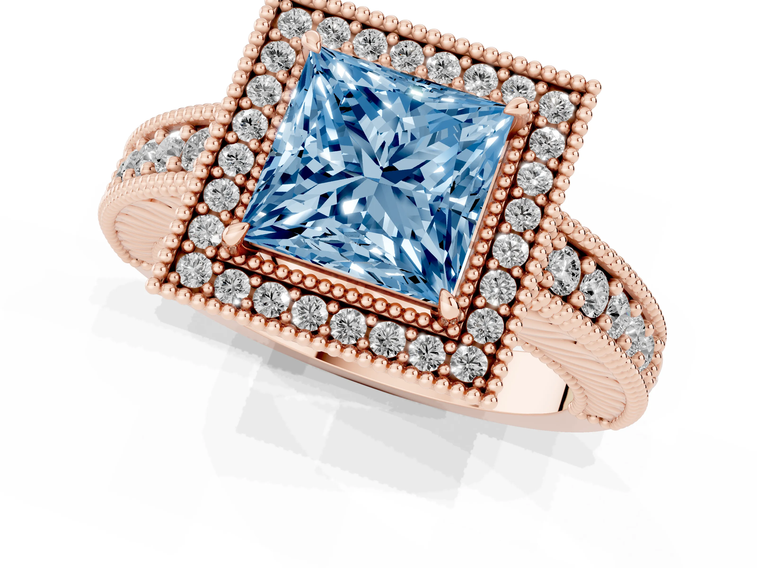 Fancy Blue Princess Cut Diamond Halo Ring Set in Rose gold with Round Accent Halo, Pavé Band and Prong Setting