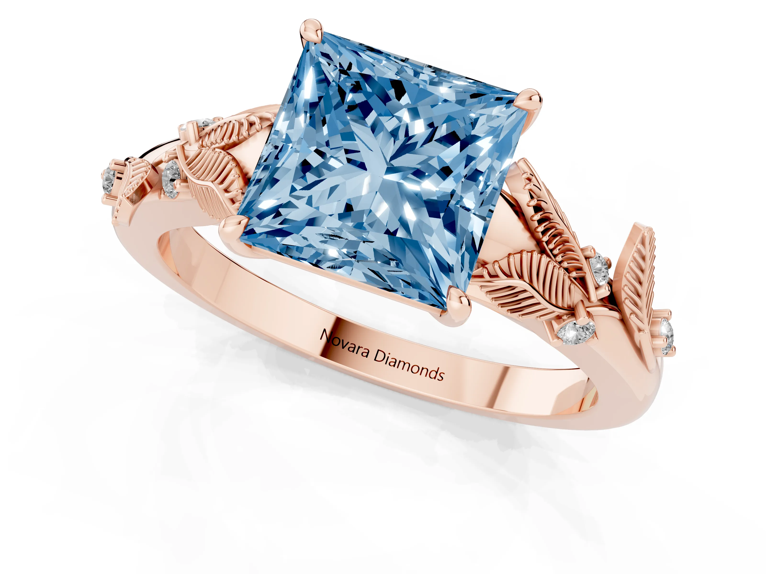 Fancy Blue Princess Cut Diamond Solitaire Ring Set in Rose gold with Leaf Motif Band