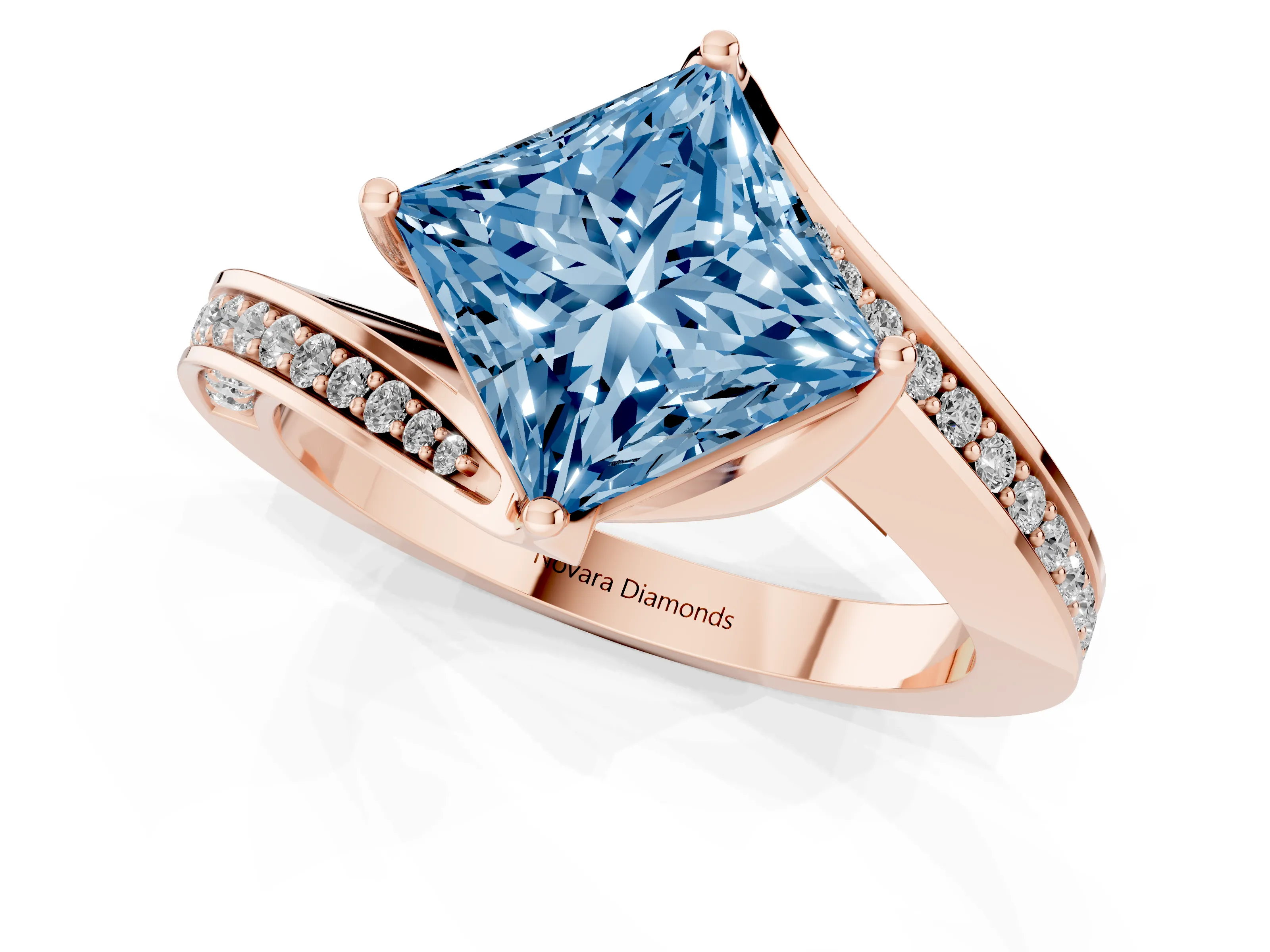 Fancy Blue Princess Cut Diamond Solitaire Ring Set in Rose gold with Intertwined Pavé Twist Band