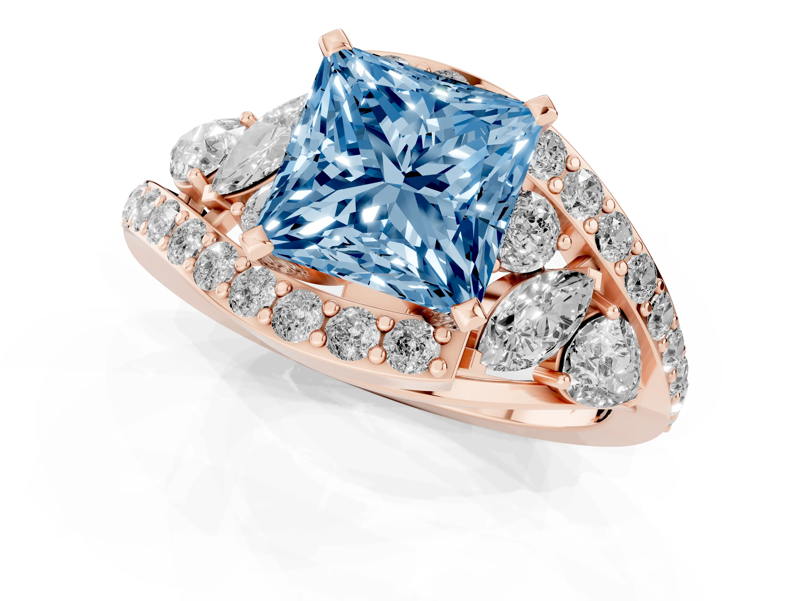 Fancy Blue Princess Cut Diamond Halo Ring Set in Rose gold with Marquise and Pavé Band in Prong Setting
