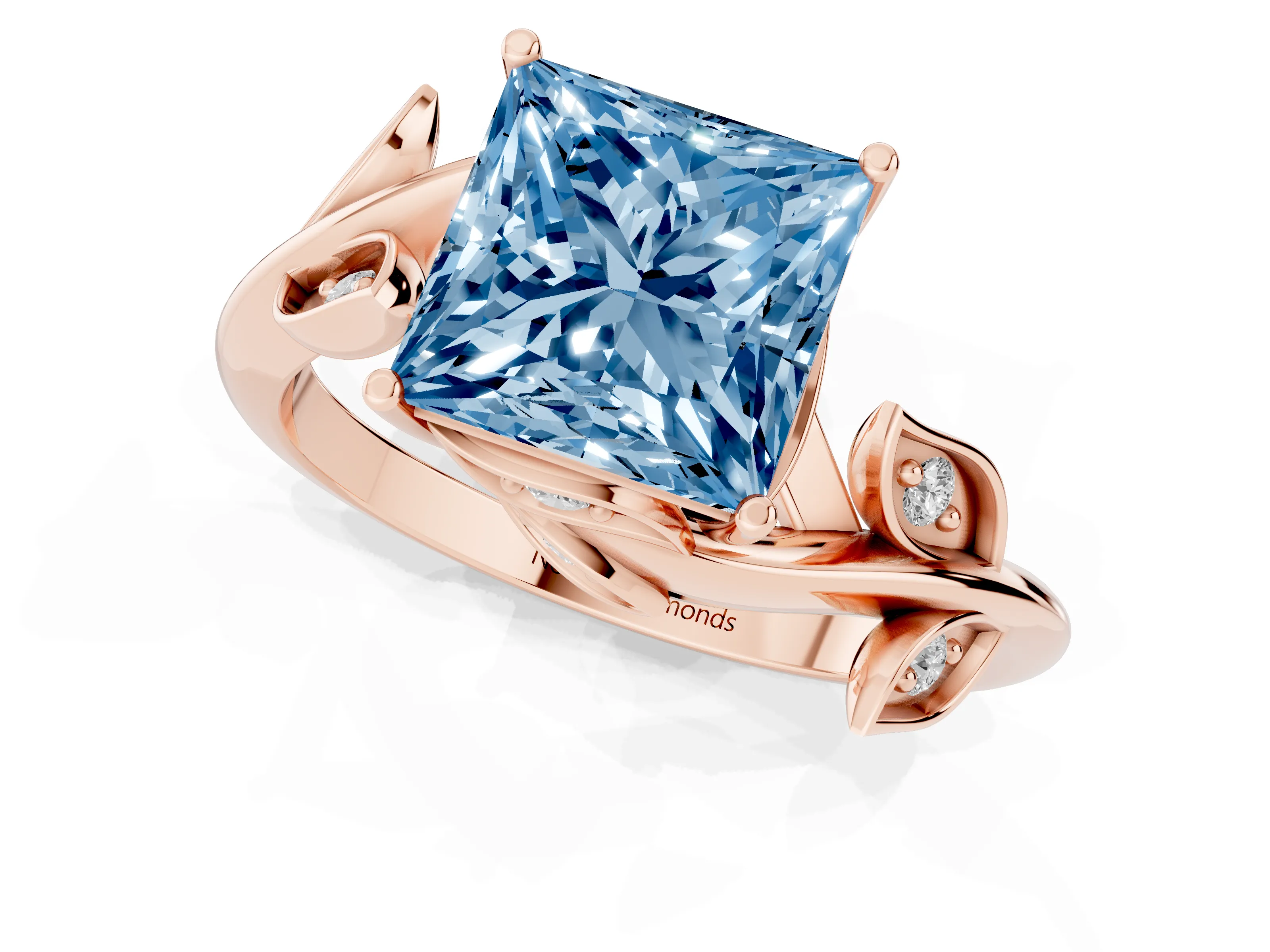 Fancy Blue Princess Cut Diamond Solitaire Twist Engagement Ring Set in Rose gold with Pavé Leaf Accents