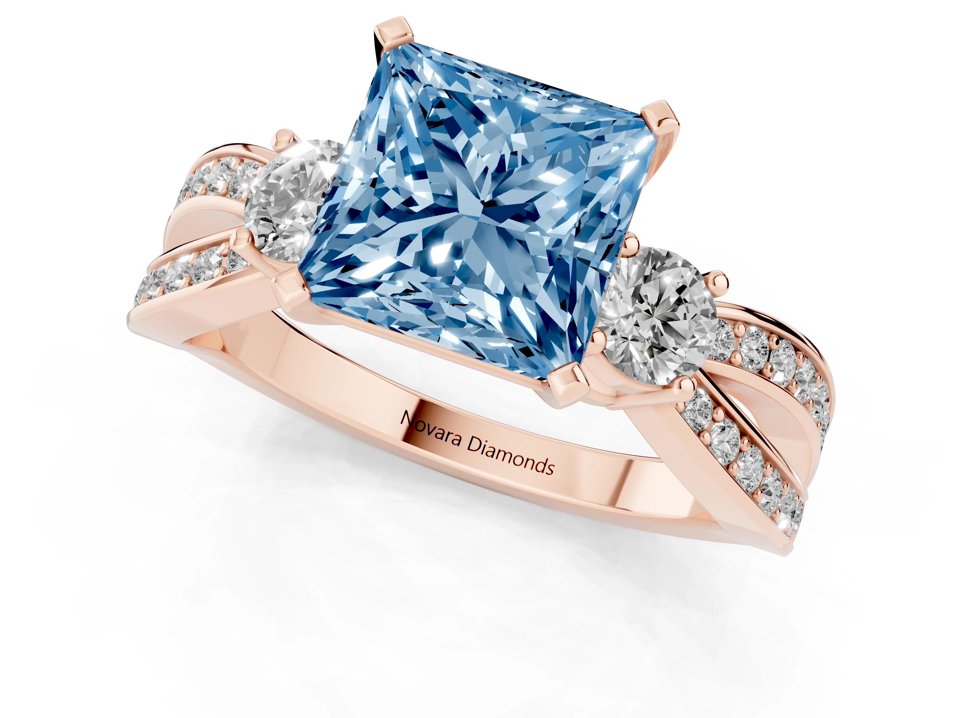 Fancy Blue Three-Stone Princess Cut Diamond Twist Band Ring Set in Rose gold with Pavé Accents and Prong Setting