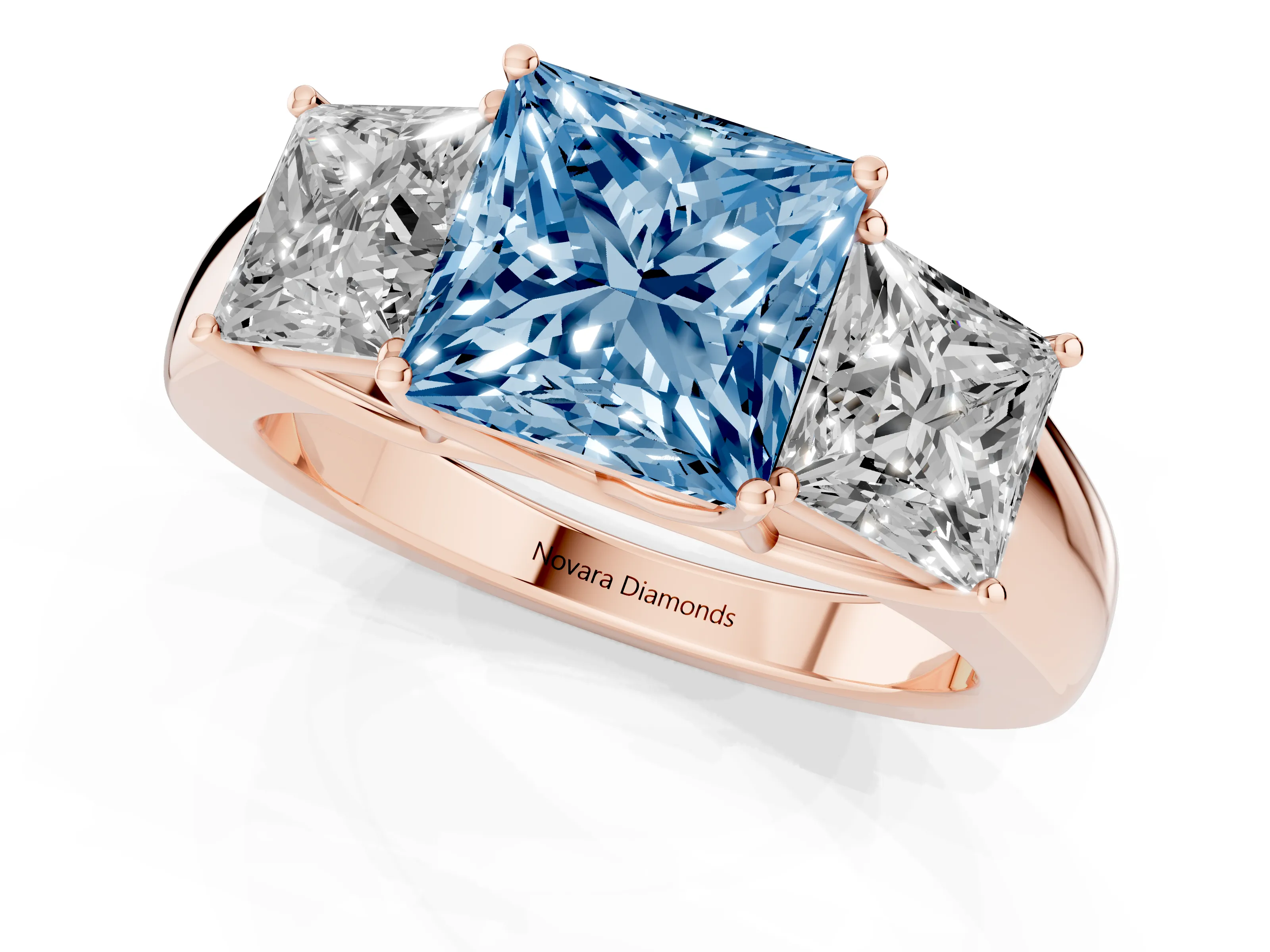 Fancy Blue Three-Stone Princess Cut Diamond Ring Set in Rose gold with Matching Prong Settings and Plain Band