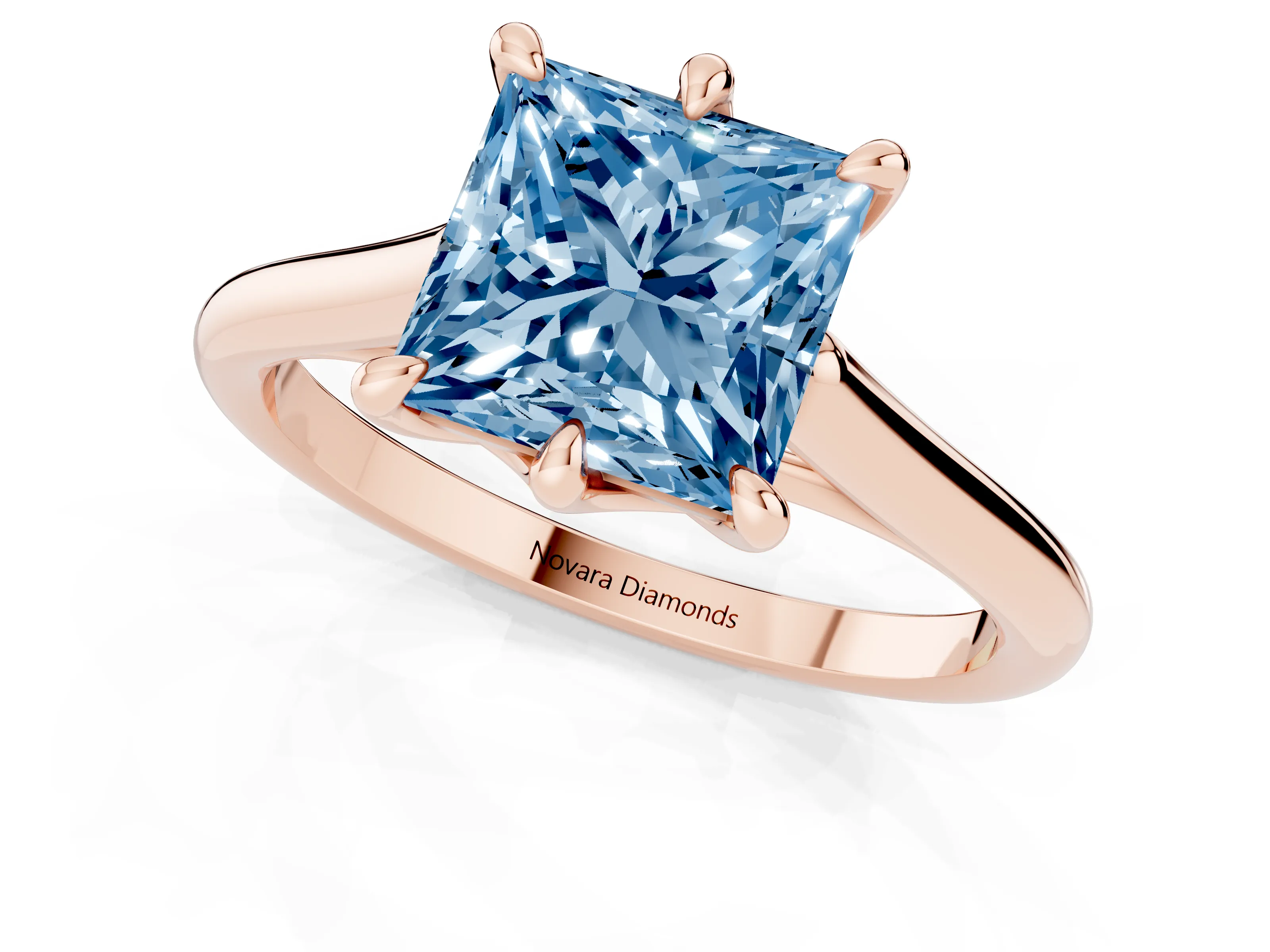Fancy Blue Princess Cut Diamond Solitaire Engagement Ring Set in Rose gold with Prong Setting and Plain Classic Band