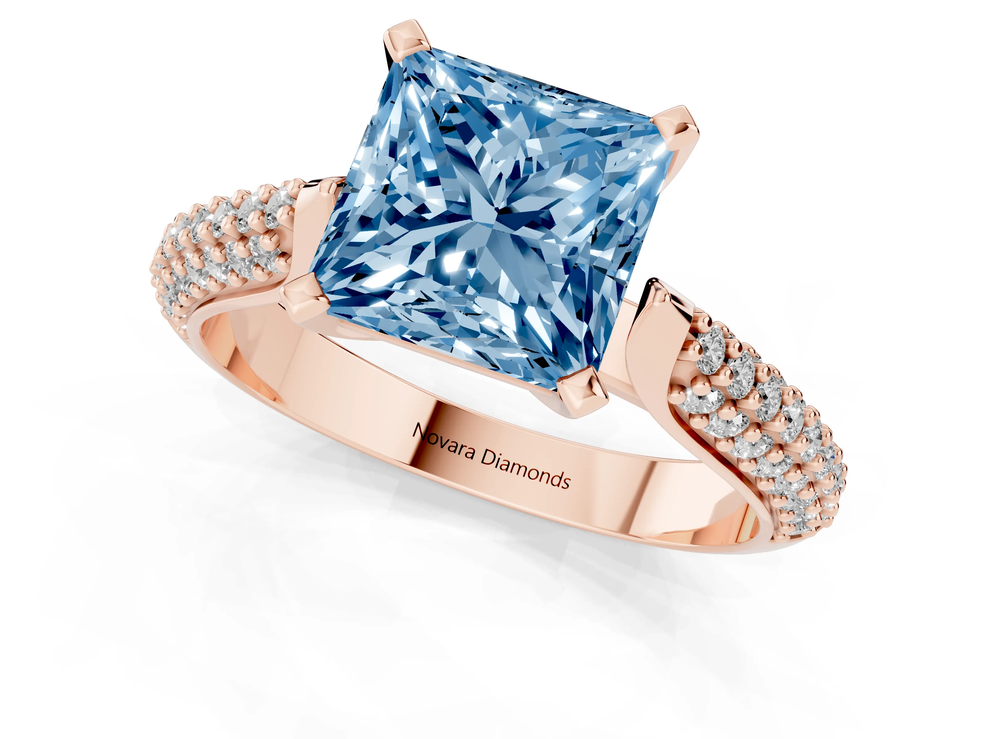 Fancy Blue Princess Cut Diamond Solitaire Engagement Ring Set in Rose gold with Multi-Row Round Pavé Band and Prong Setting