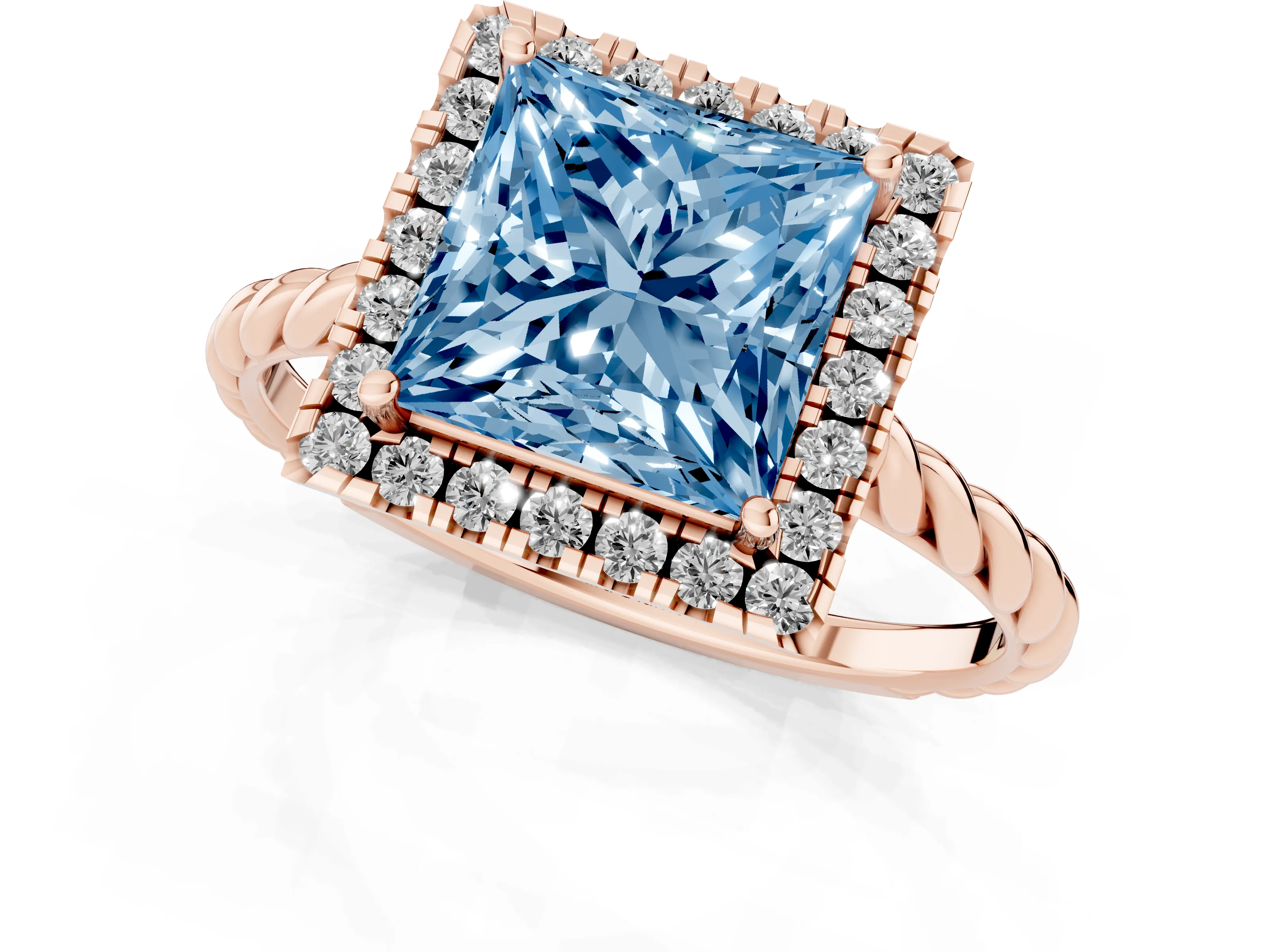 Fancy Blue Princess Cut Diamond Halo Ring Set in Rose gold with Plain Twisted Band