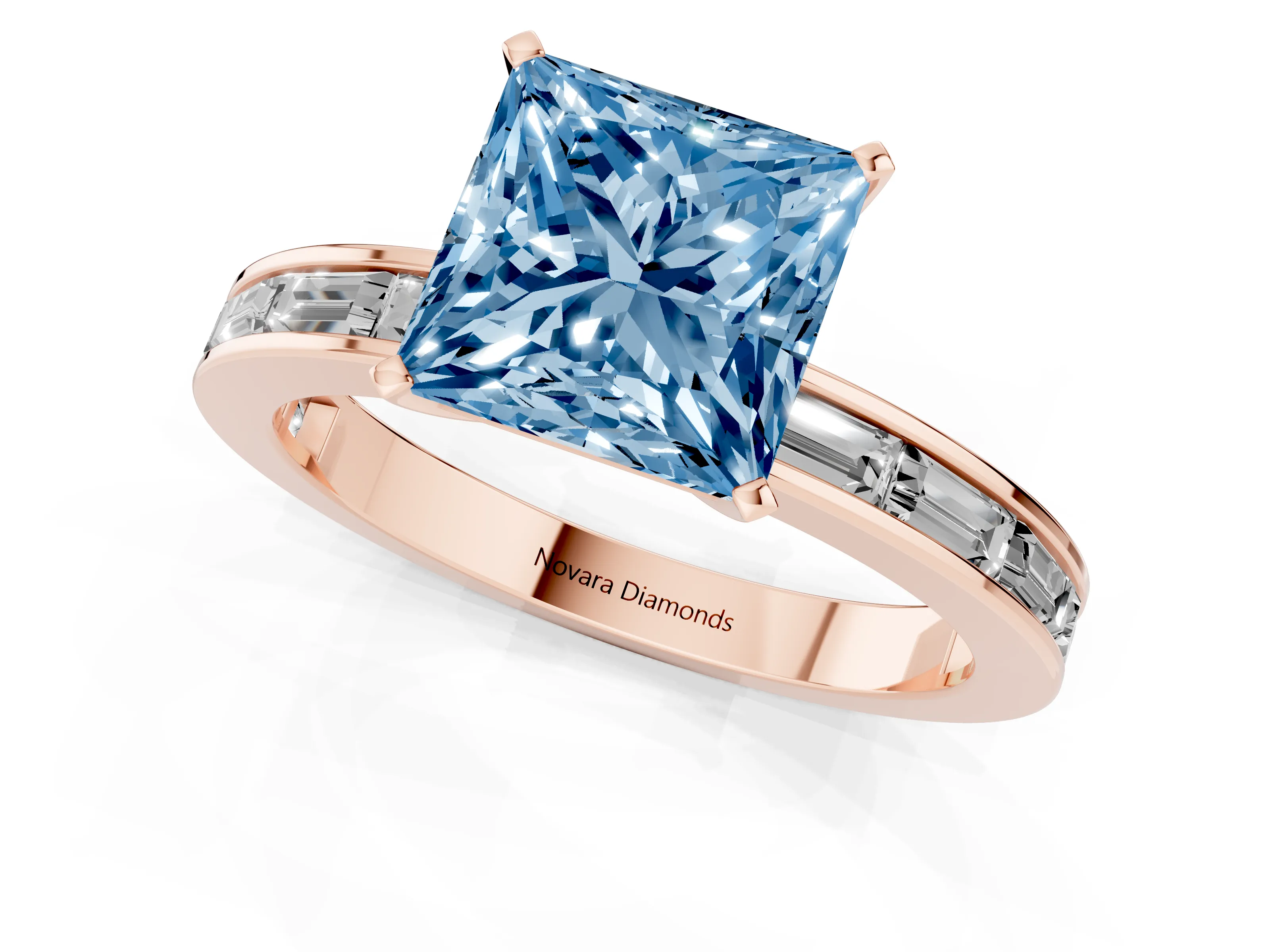 Fancy Blue Princess Cut Diamond Solitaire Ring Set in Rose gold with Channel-Set Baguette Band and Prong Setting
