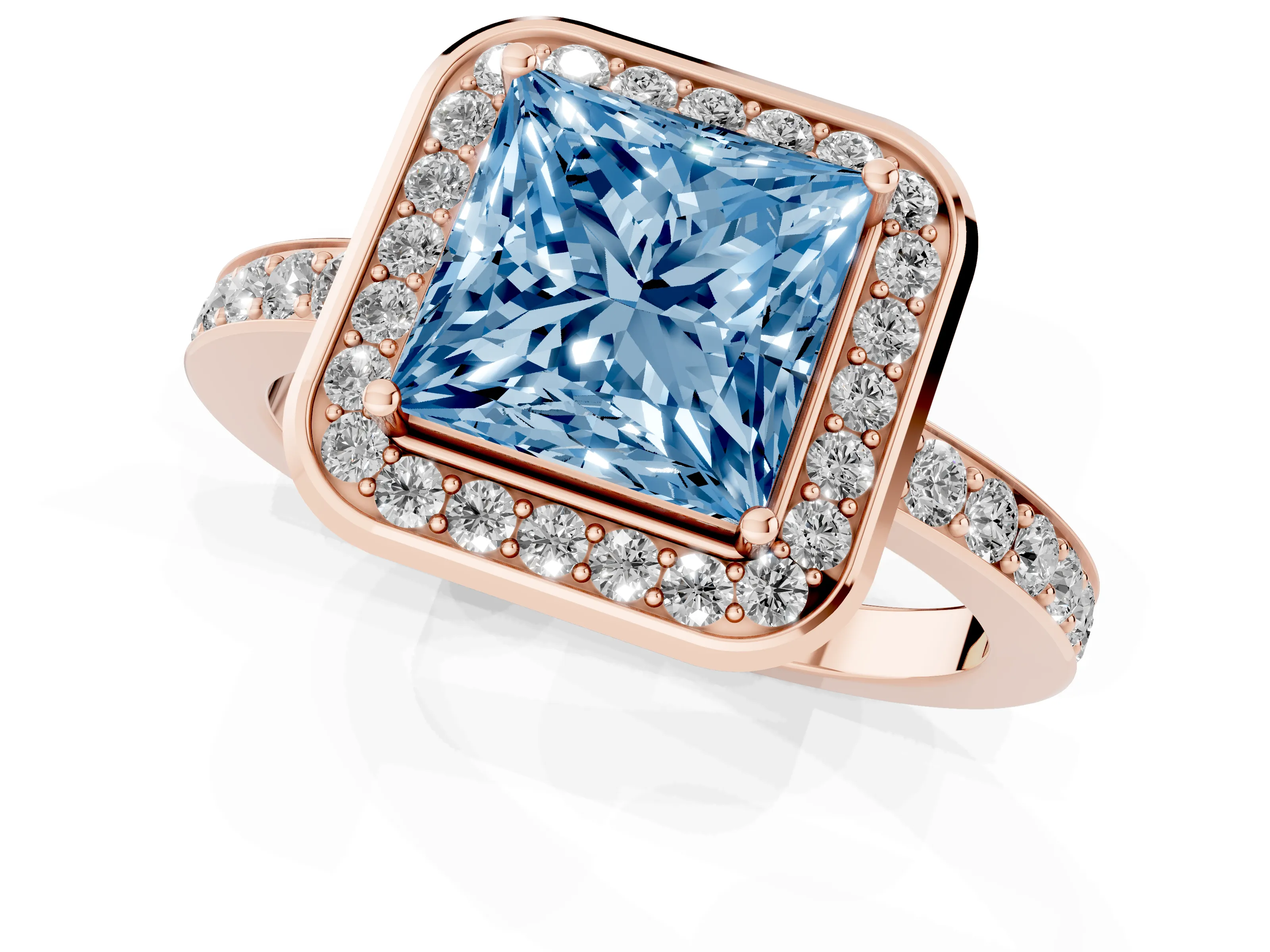 Fancy Blue Princess Cut Diamond Halo Ring Set in Rose gold with Bezel Frame and Pavé Band