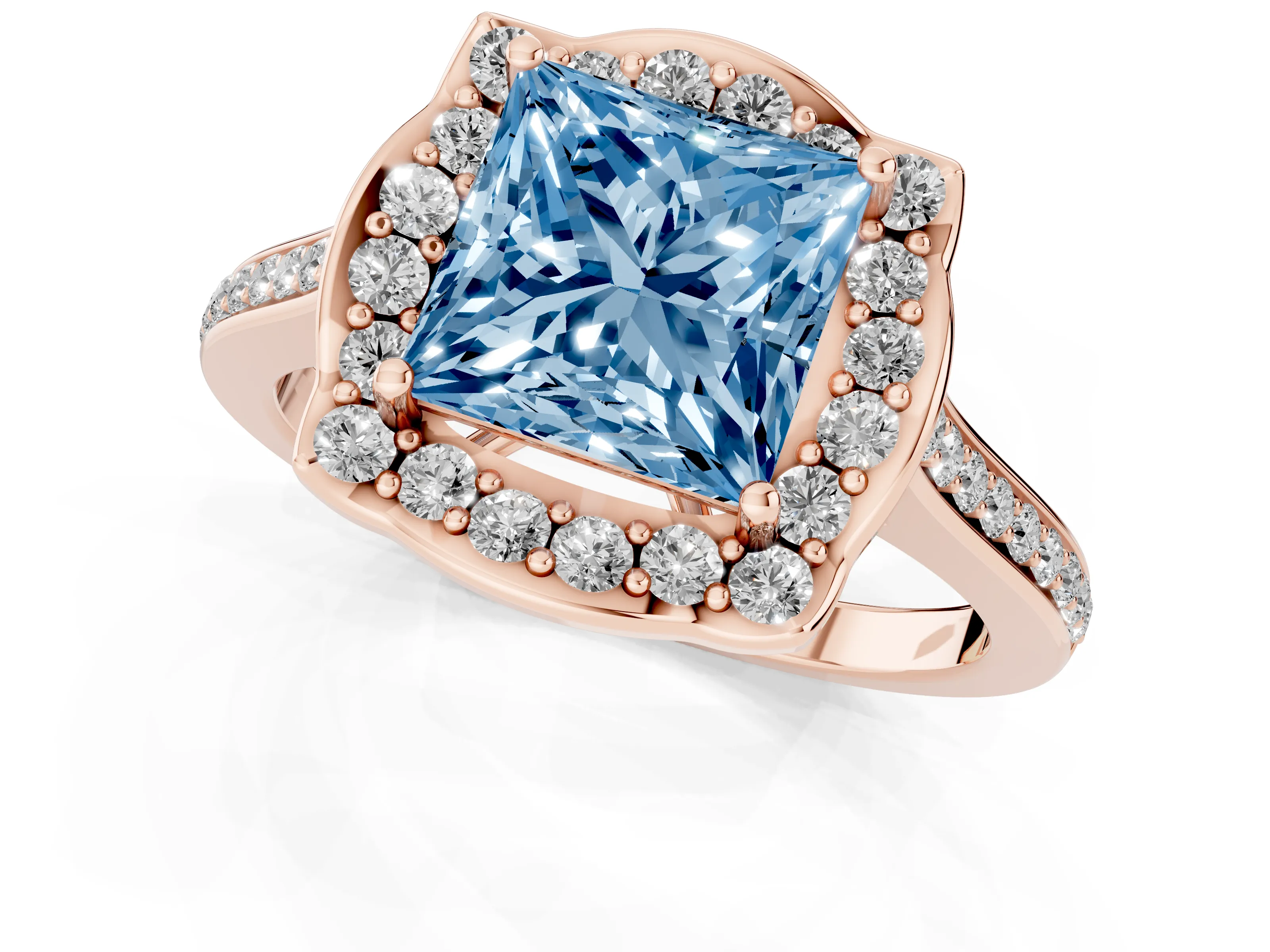 Fancy Blue Princess Cut Diamond Halo Ring Set in Rose gold with Pavé-Lined Shoulders and Prong Setting