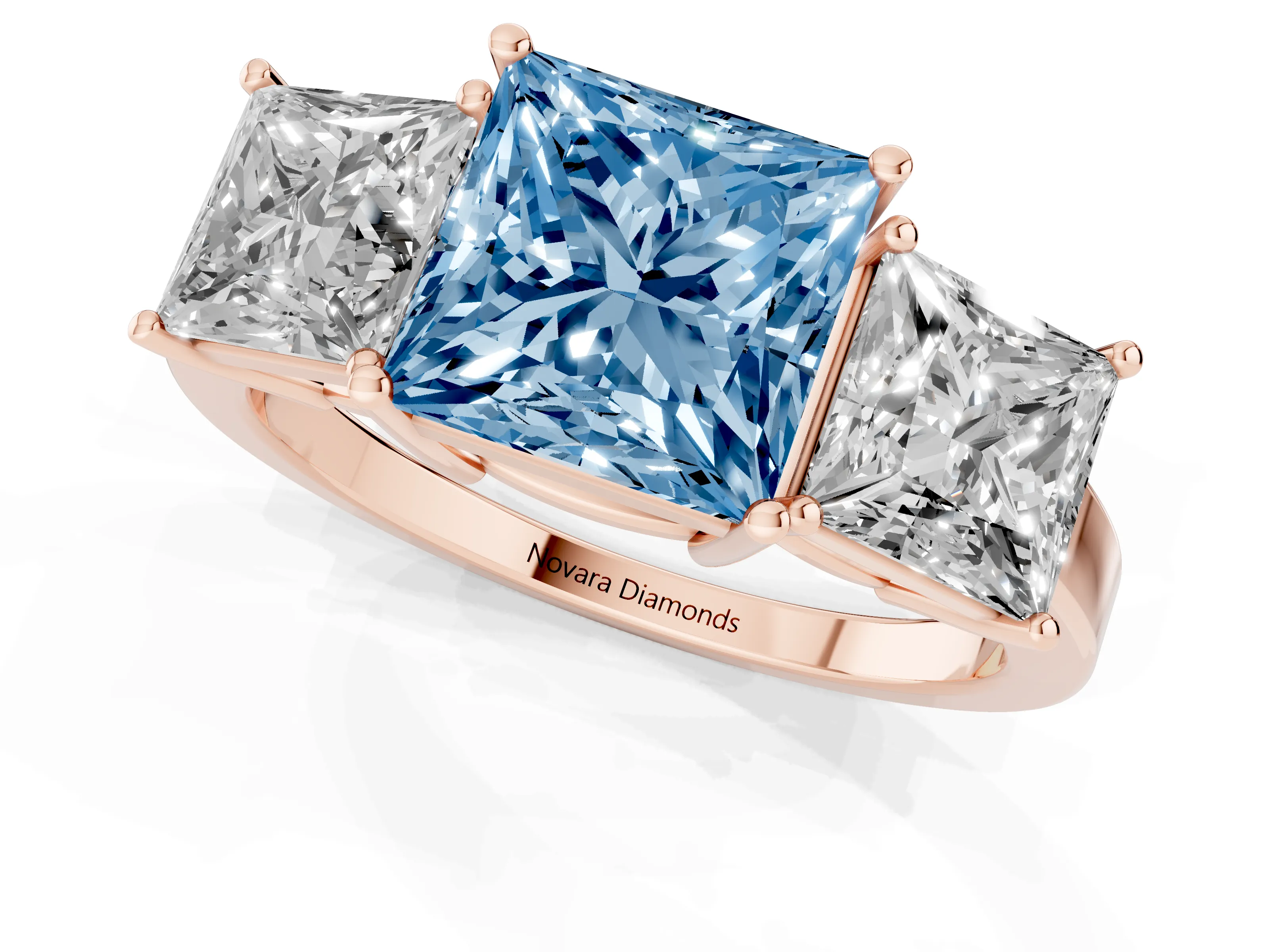 Fancy Blue Princess Cut Diamond Three-Stone Engagement Ring Set in Rose gold with Flat Band