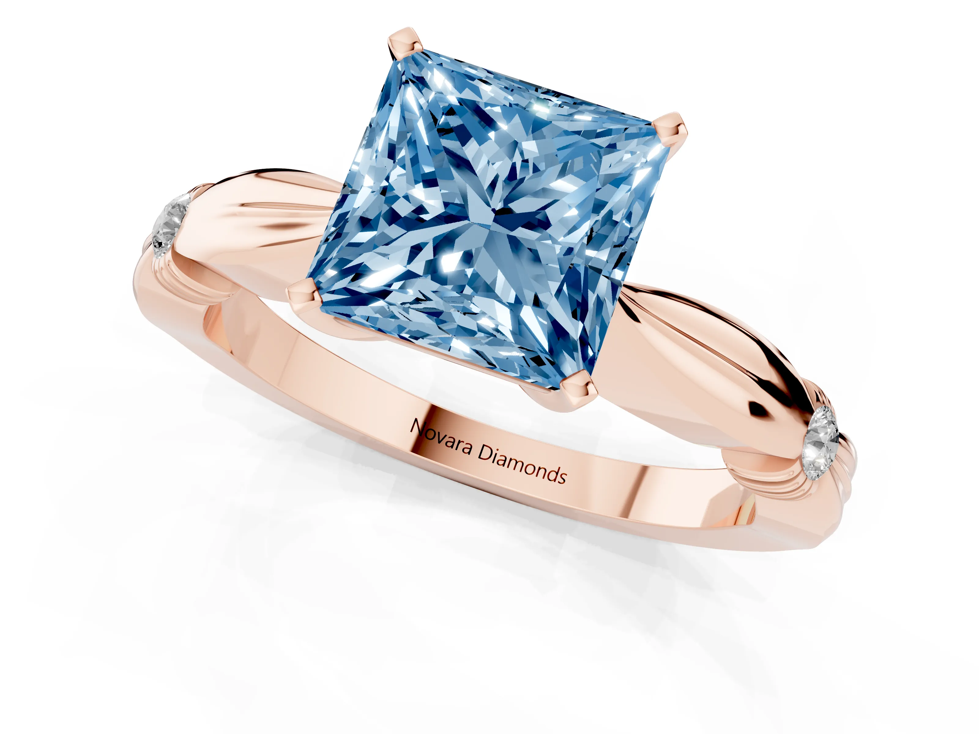 Fancy Blue Princess Cut Diamond Solitaire Twisted Band Ring Set in Rose gold with Accent Stones and Prong Setting – second view