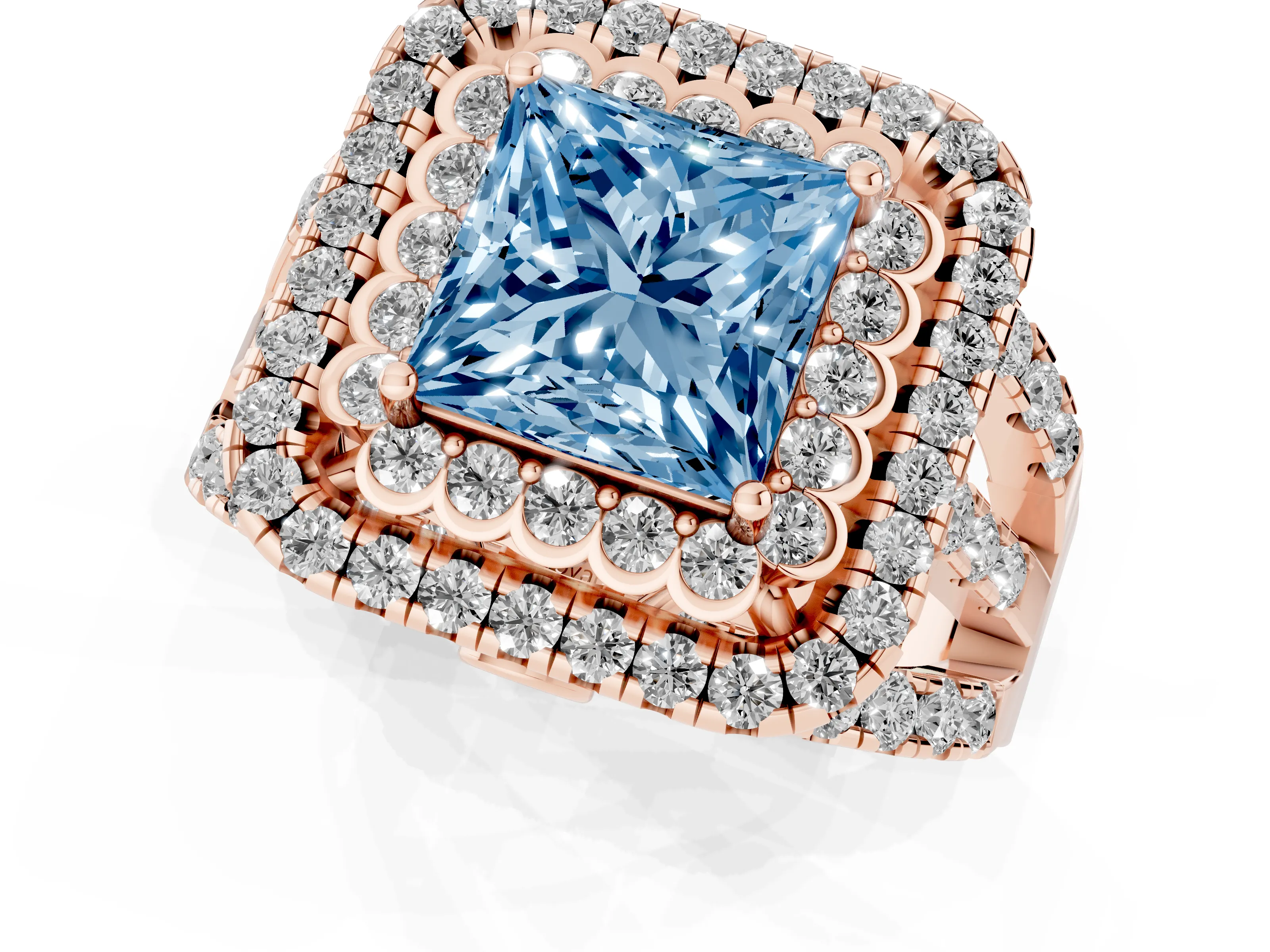 Fancy Blue Princess Cut Diamond Double Halo Ring Set in Rose gold with Round Pavé Split Shank