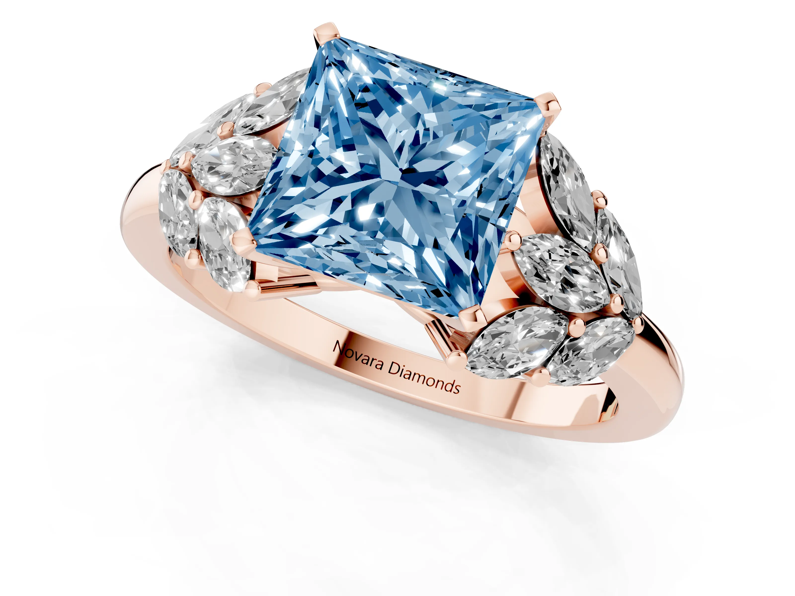 Fancy Blue Princess Cut Diamond Cluster Leaf Design Ring Set in Rose gold with Prong Setting