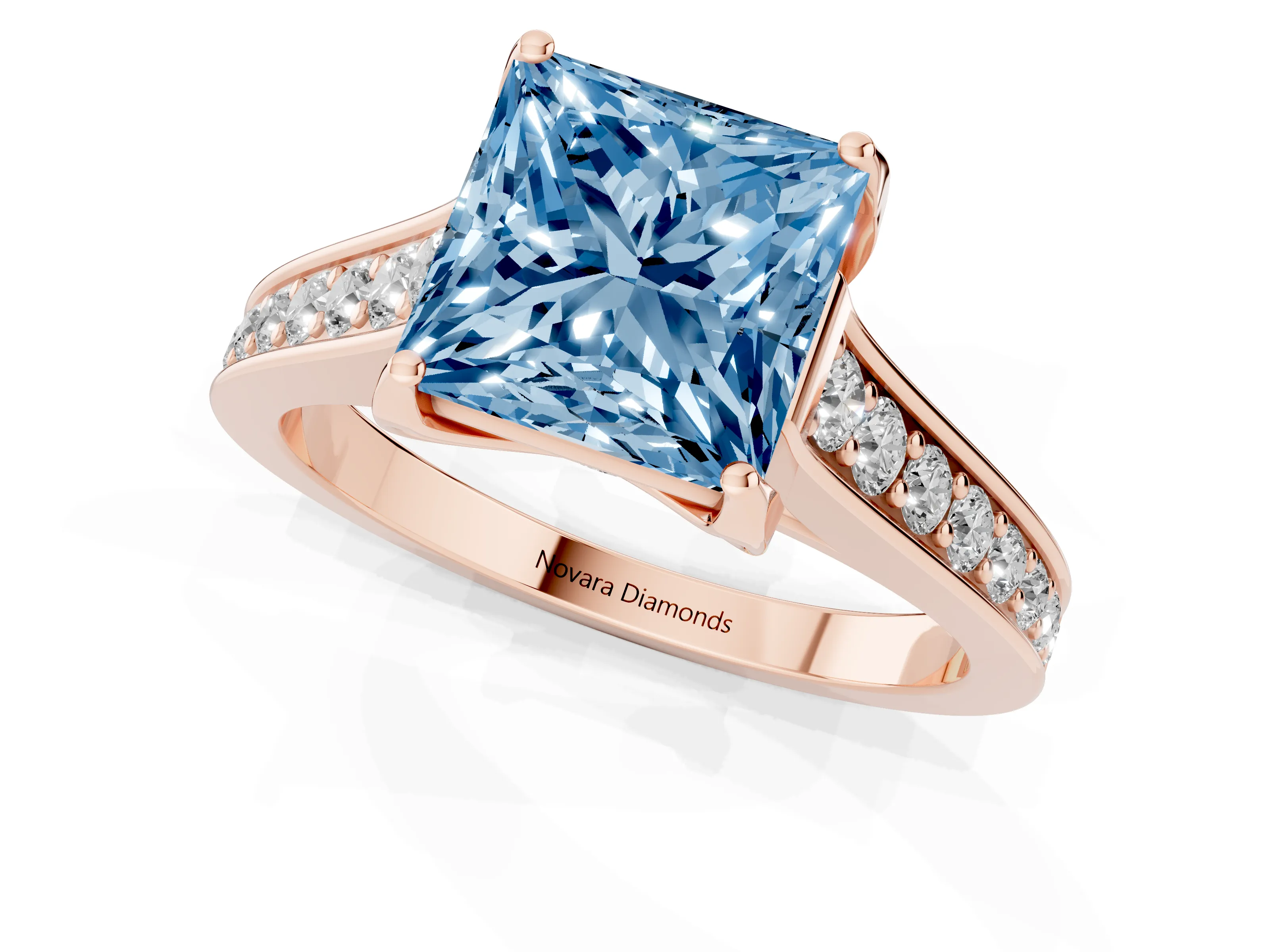 Fancy Blue Princess Cut Diamond Solitaire Pavé Engagement Ring Set in Rose gold with Prong Setting