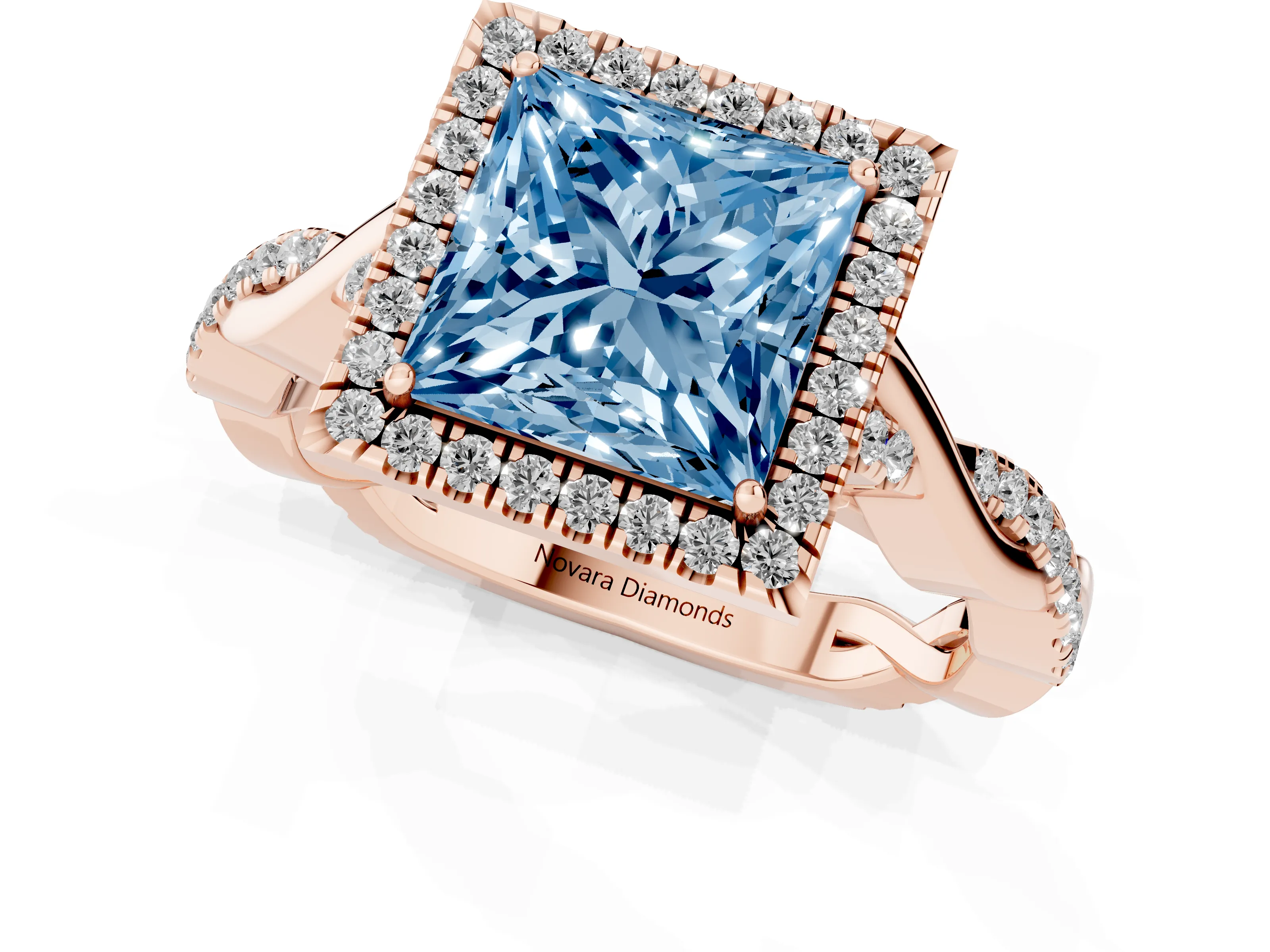 Fancy Blue Princess Cut Diamond Halo Twist Band Solitaire Ring Set in Rose gold with Prong Setting
