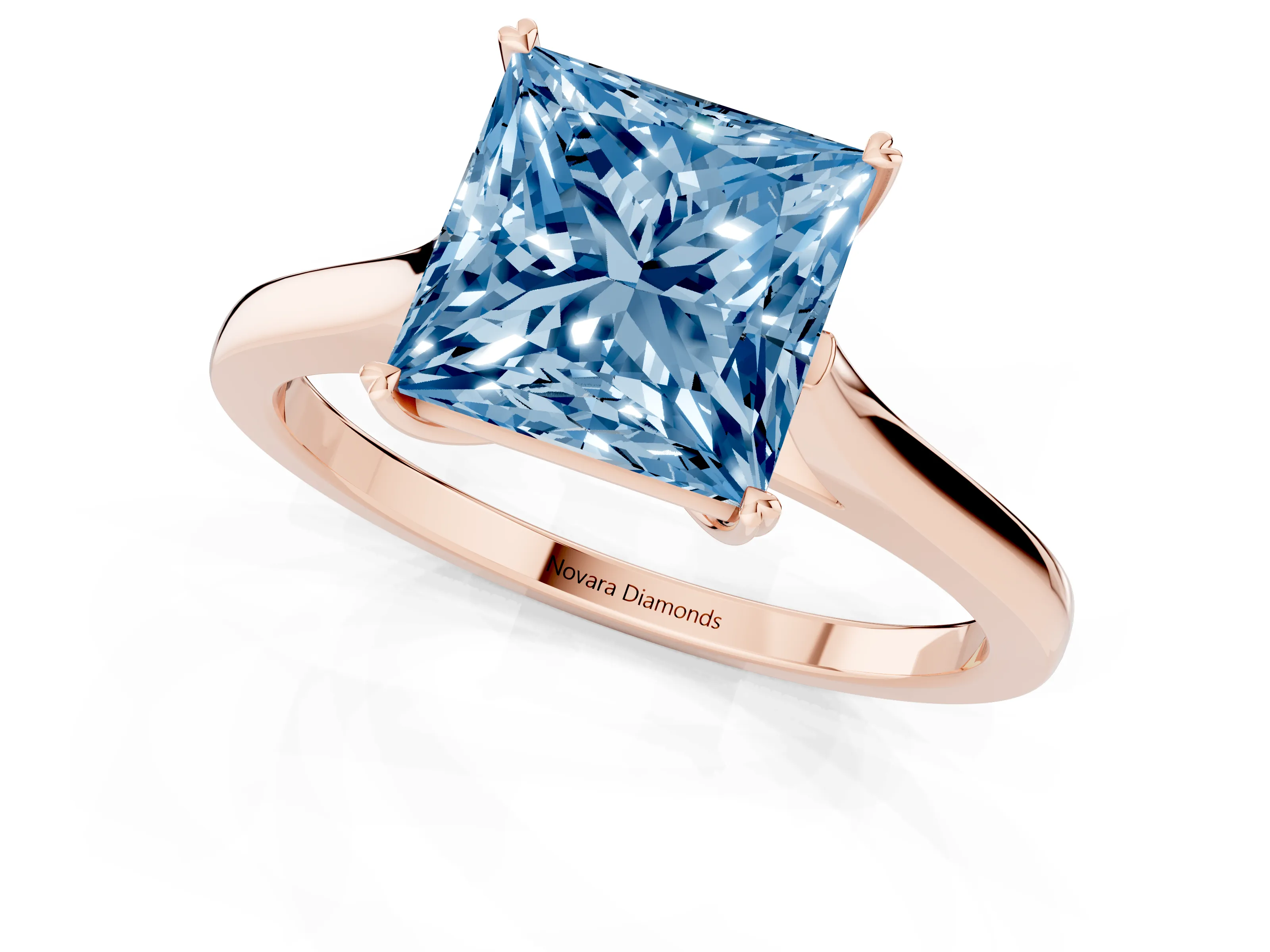 Fancy Blue Princess Cut Diamond Solitaire Heart Prong Engagement Ring Set in Rose gold with Tapered Band