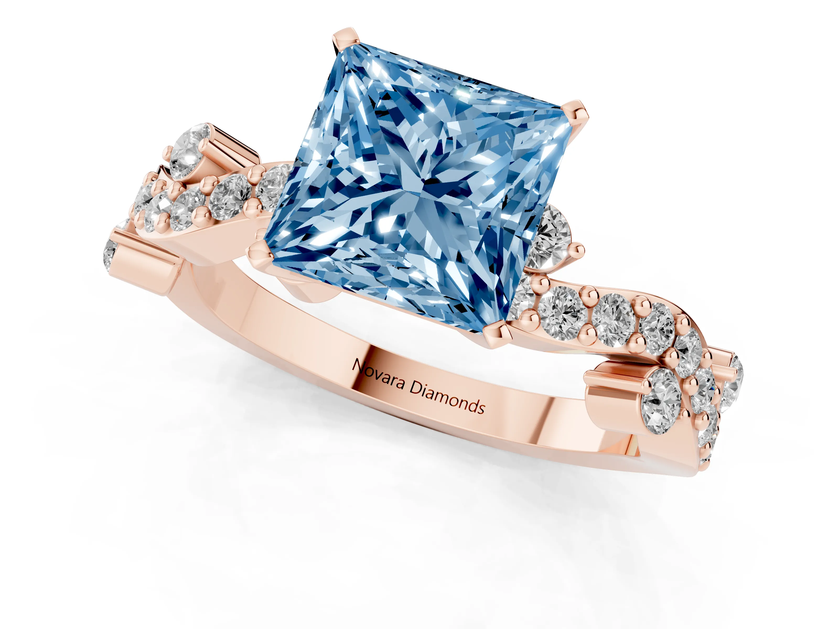 Fancy Blue Princess Cut Diamond Solitaire Twisted Band Set in Rose gold with Pavé Setting