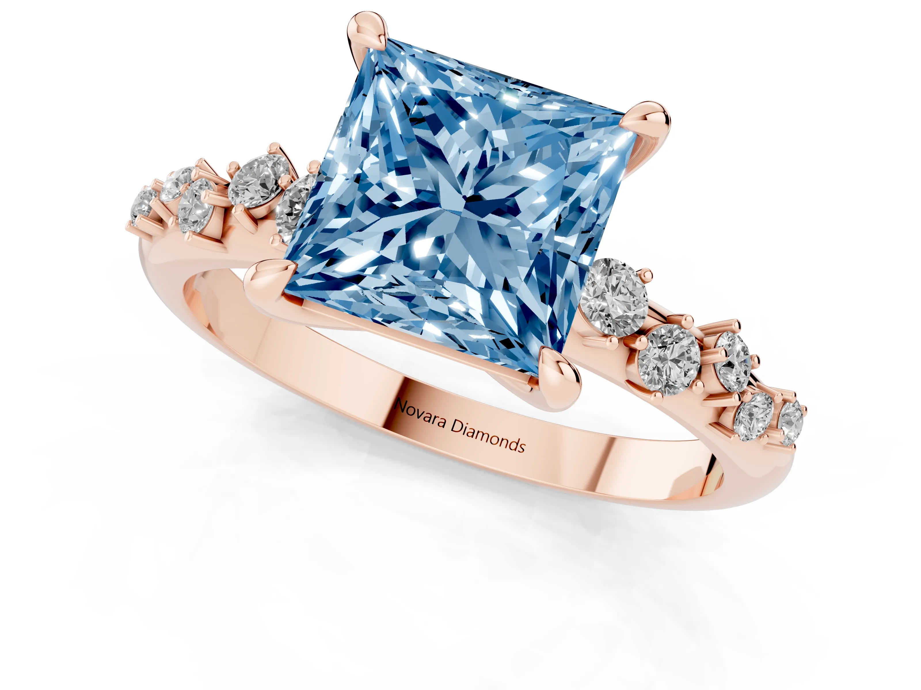 Fancy Blue Princess Cut Diamond Solitaire Vine Band Ring Set in Rose gold with Round Accents and Prong Setting – second view
