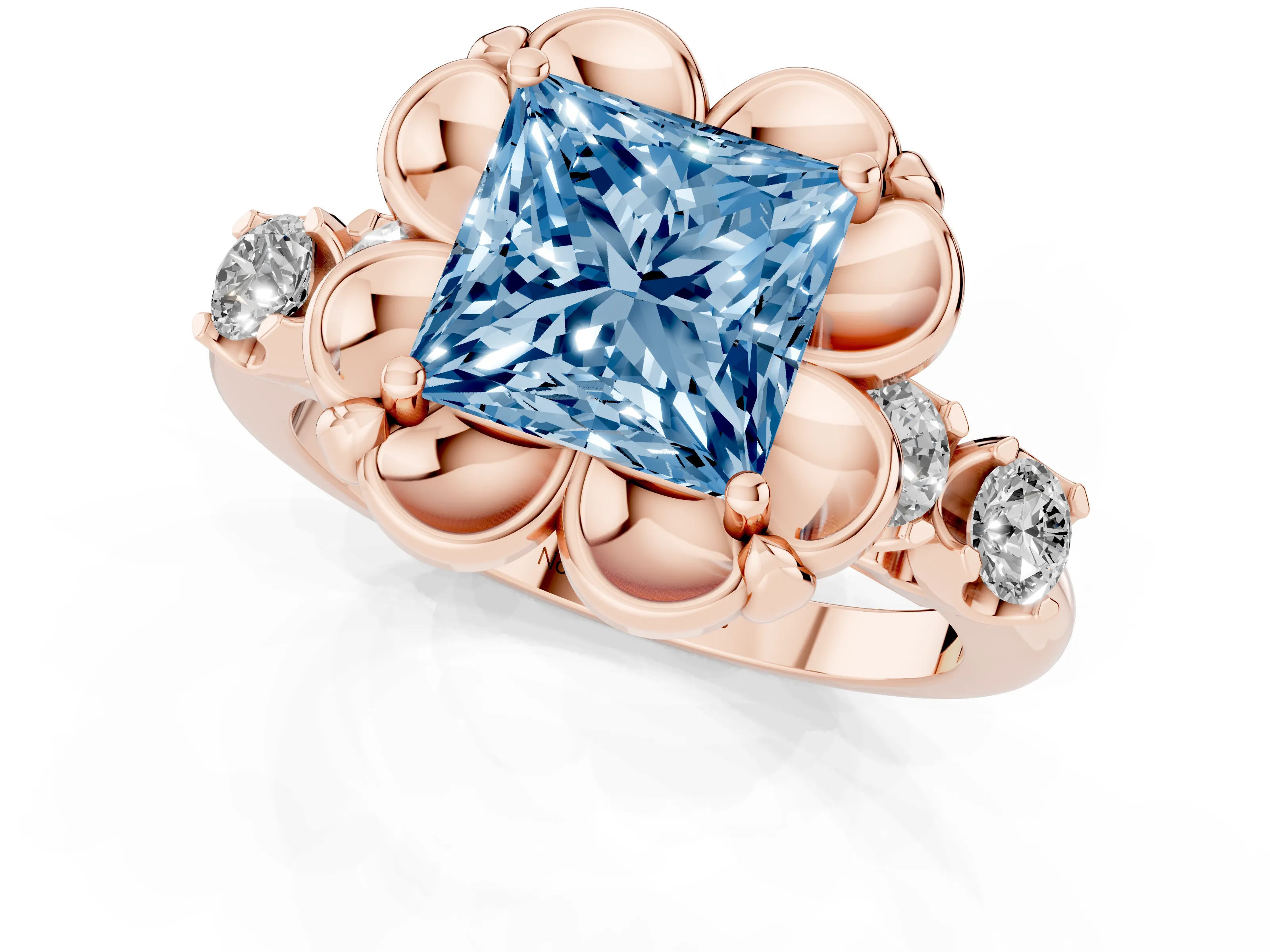 Fancy Blue Princess Cut Diamond Floral Halo Ring Set in Rose gold with Shared Prong Band