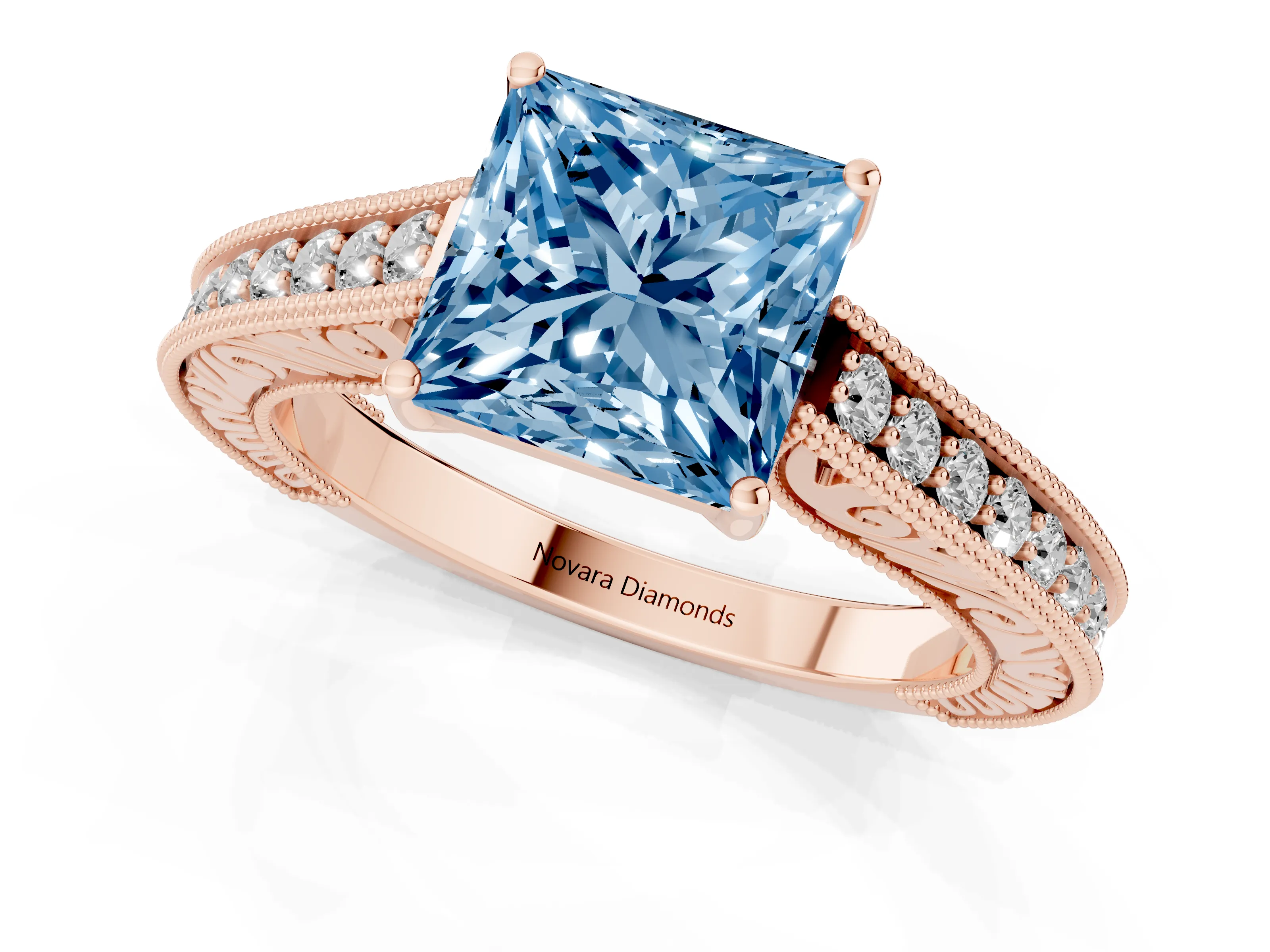 Fancy Blue Princess Cut Diamond Milgrain Pavé Band Solitaire Ring Set in Rose gold with Prong Setting