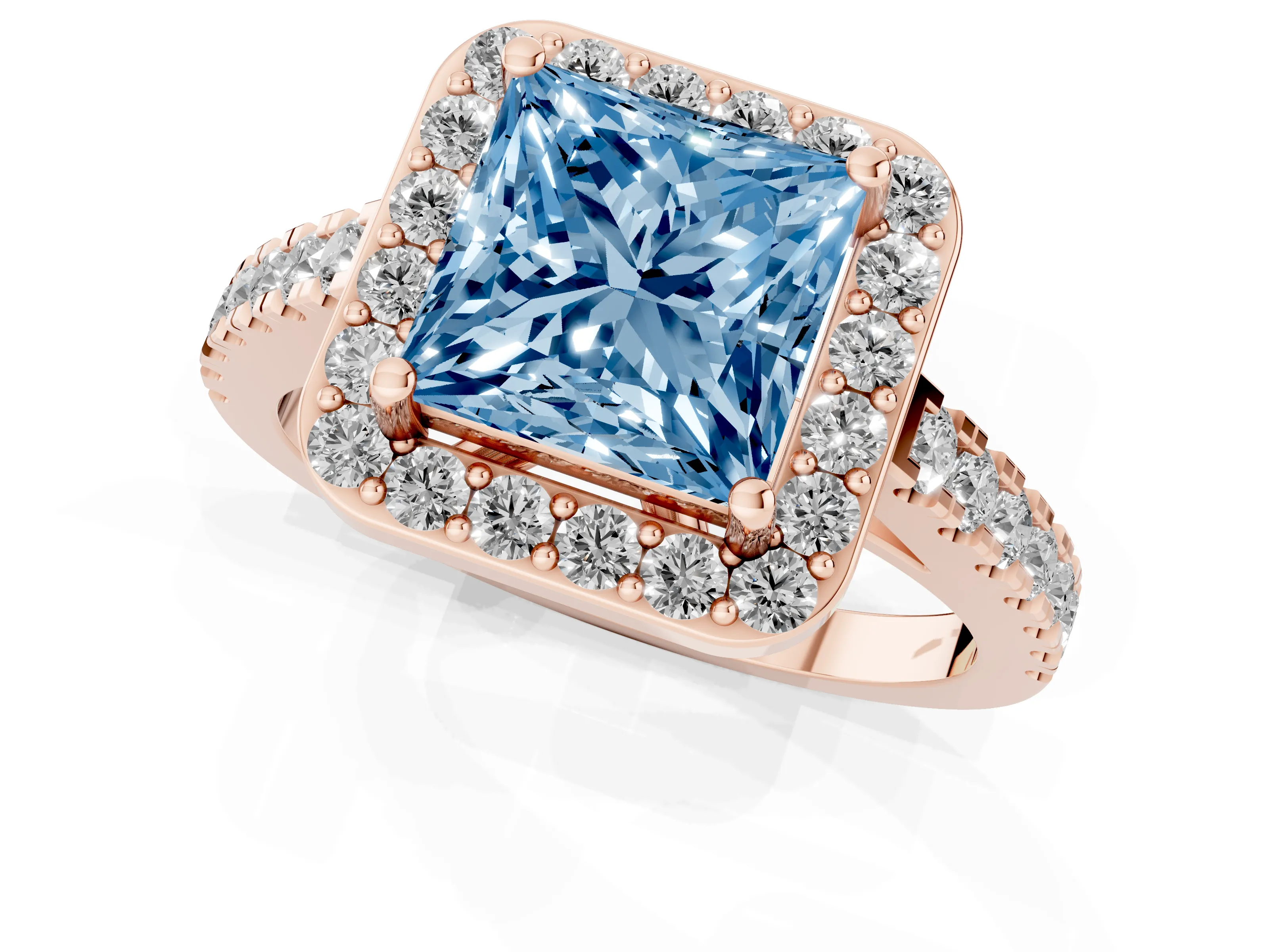 Fancy Blue Princess Cut Diamond Halo Ring Set in Rose gold with Round Pavé Split Shank and Prong Setting