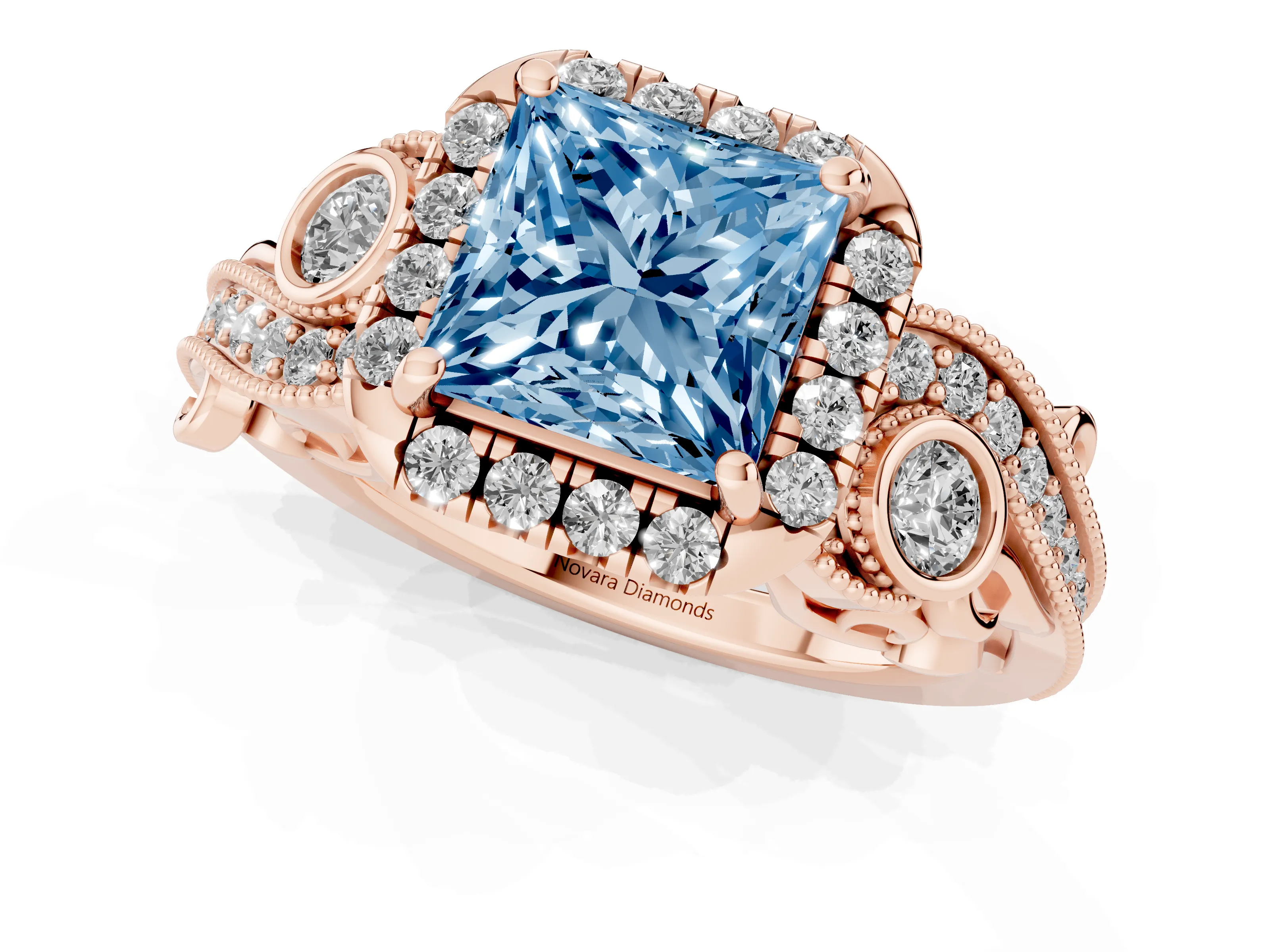 Fancy Blue Princess Cut Diamond Halo Split Shank Ring Set in Rose gold with Milgrain and Bezel Accents