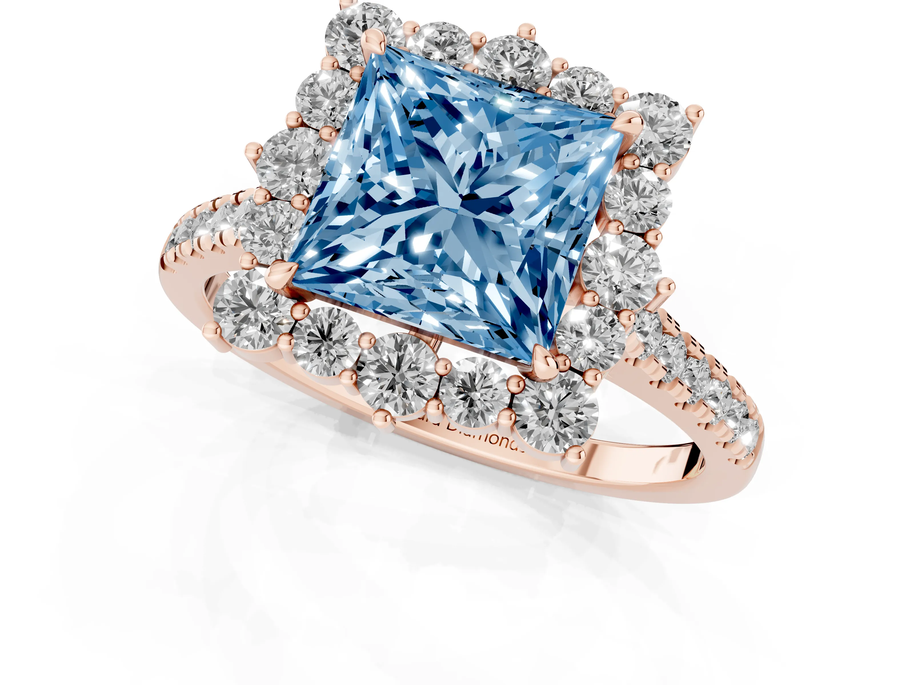 Fancy Blue Princess Cut Diamond Halo Ring Set in Rose gold with Pavé Band and Prong Setting