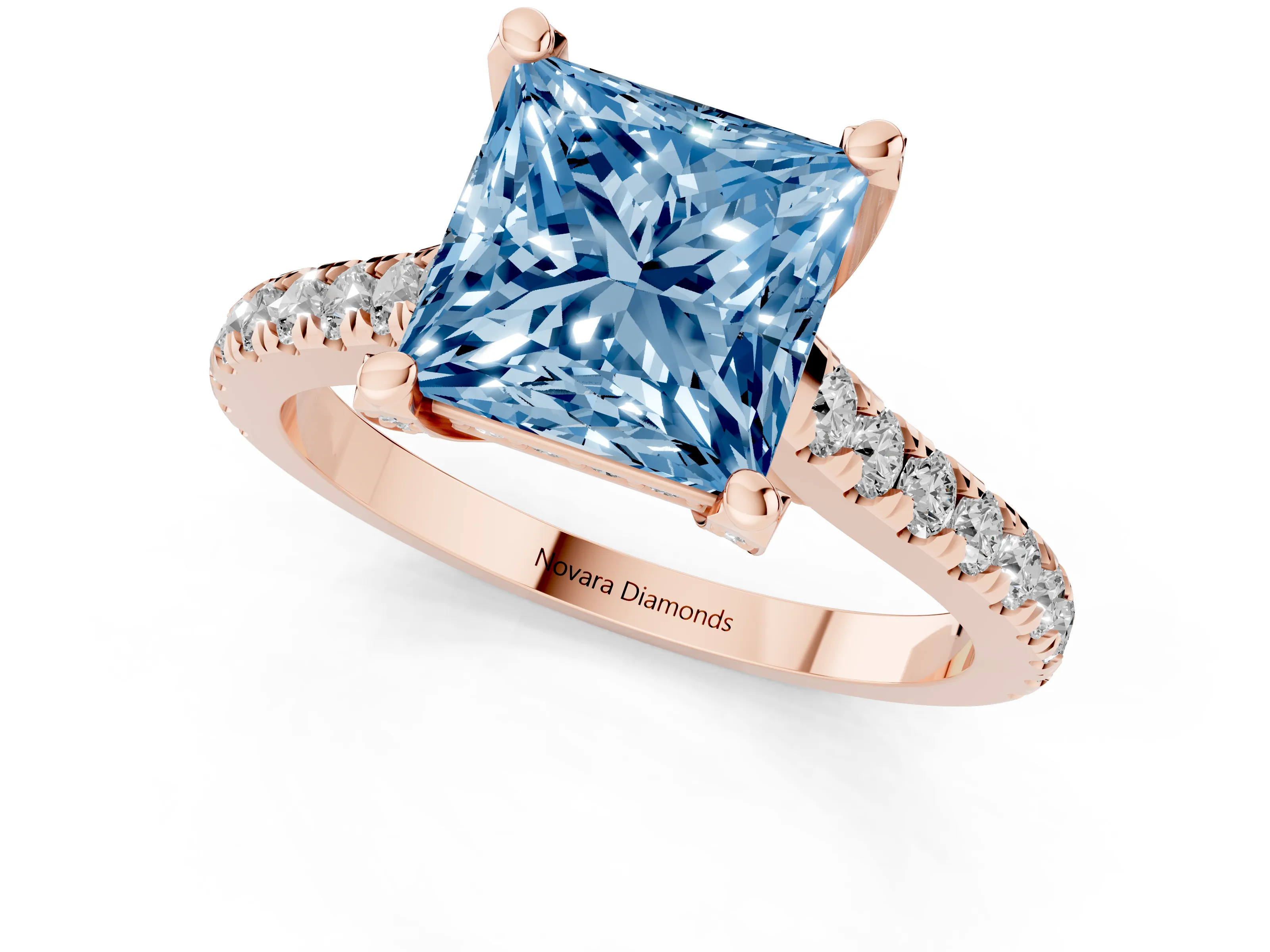 Fancy Blue Princess Cut Diamond Solitaire Ring Set in Rose gold with Brilliant Pavé Band and Prong Setting