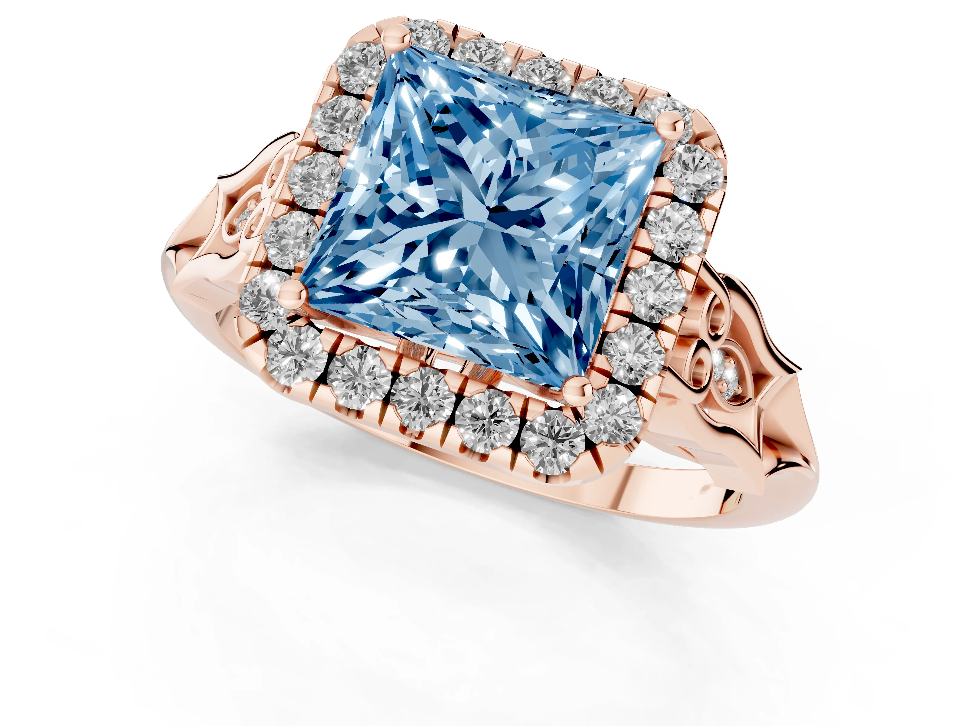 Fancy Blue Princess Cut Diamond Halo Engagement Ring Set in Rose gold with Filigree Band and Prong-Set Center