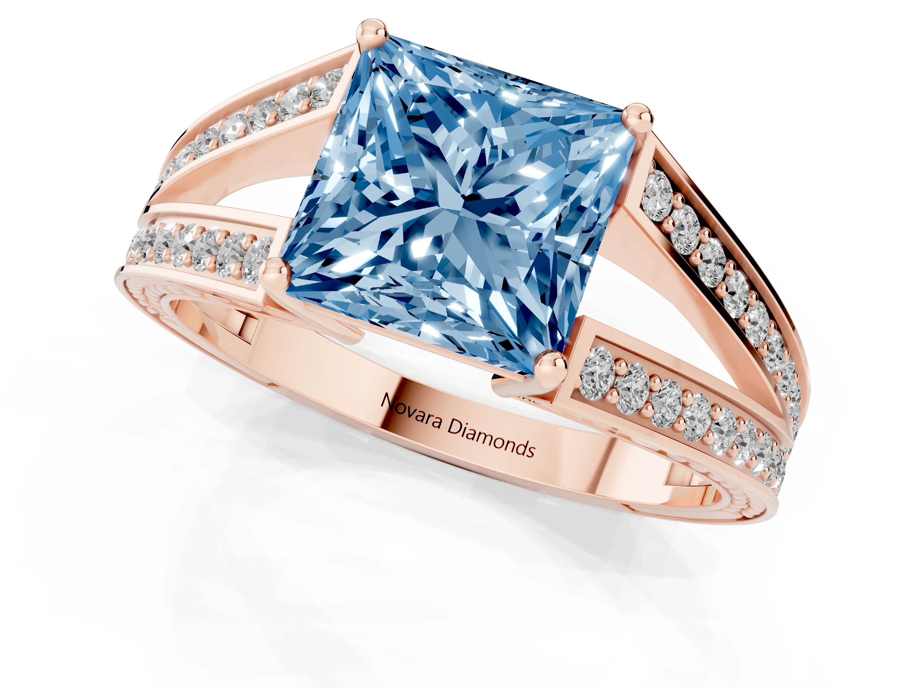 Fancy Blue Princess Cut Diamond Split Shank Ring Set in Rose gold with Pavé Band and Prong Setting