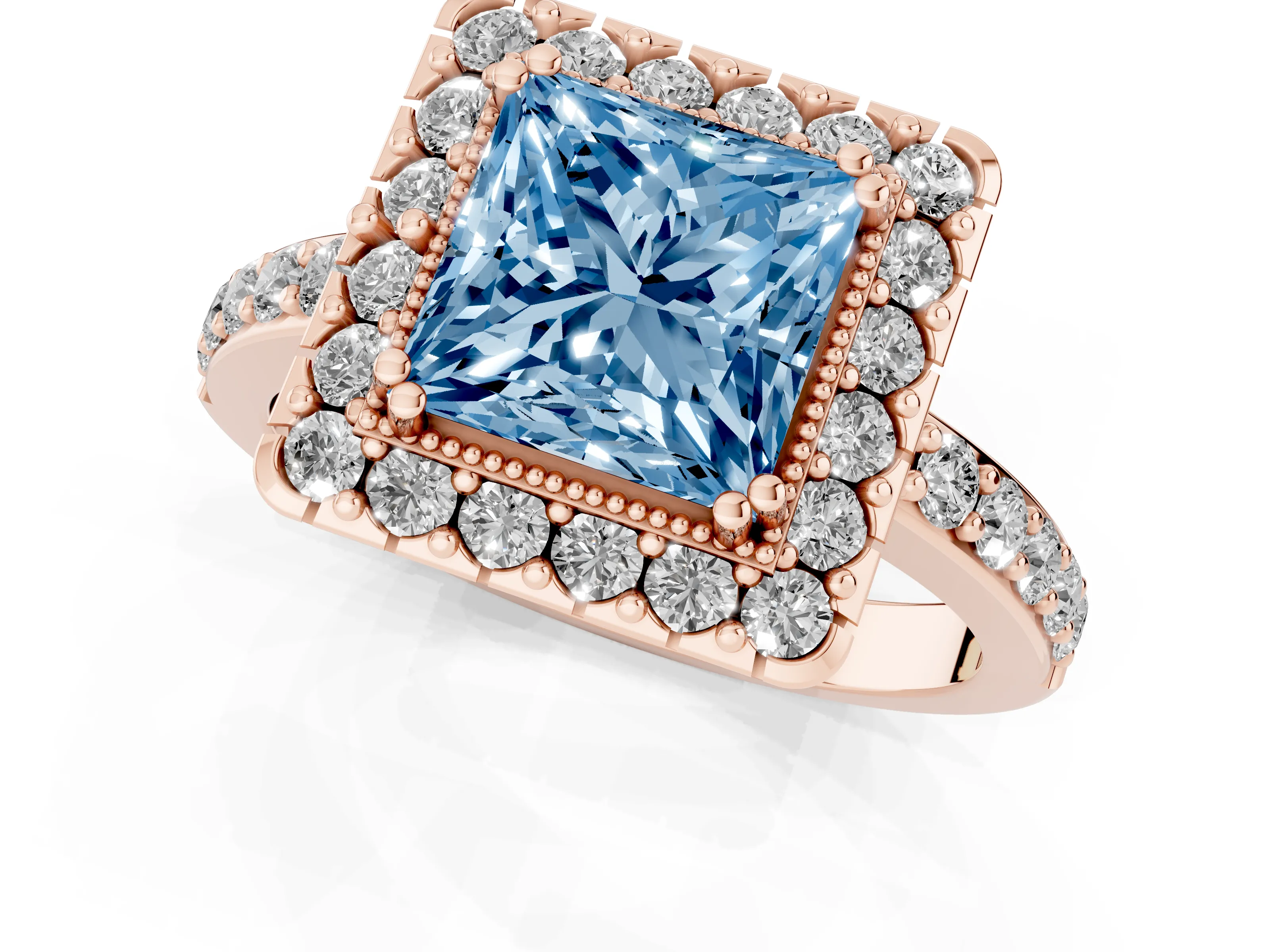 Fancy Blue Princess Cut Diamond Halo Ring Set in Rose gold with Pavé Shank and Prong Setting