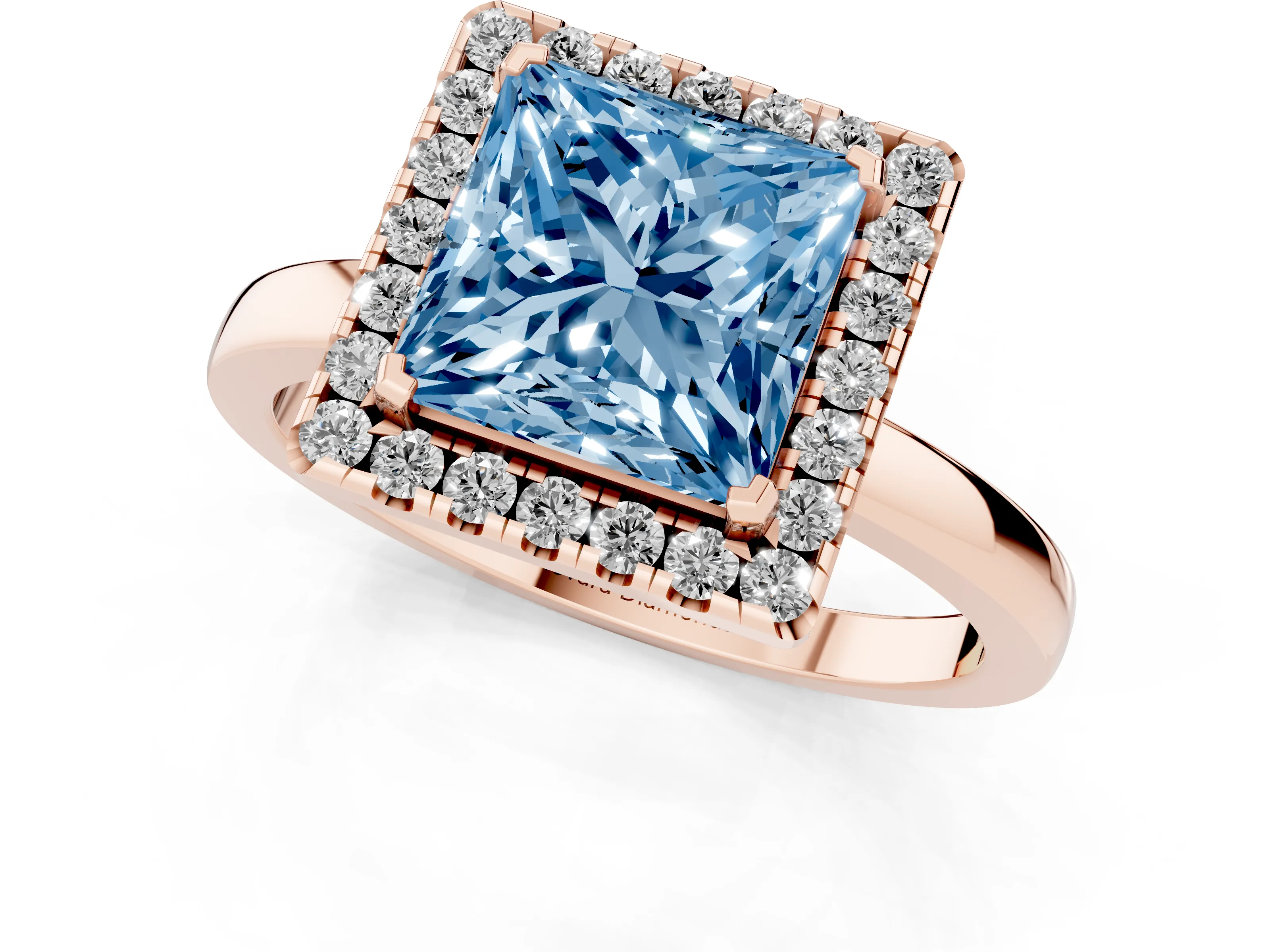 Fancy Blue Princess Cut Diamond Halo Solitaire Ring Set in Rose gold with Pavé Band and Prong Setting