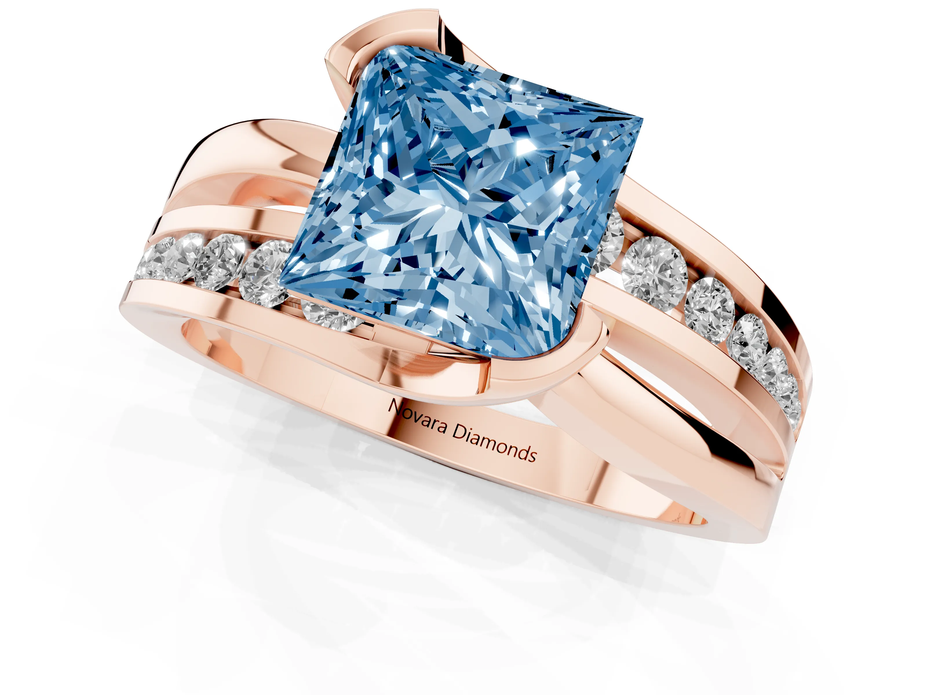 Fancy Blue Princess Cut Diamond Solitaire Ring Set in Rose gold with Channel Set Split Shank and Tension Prongs