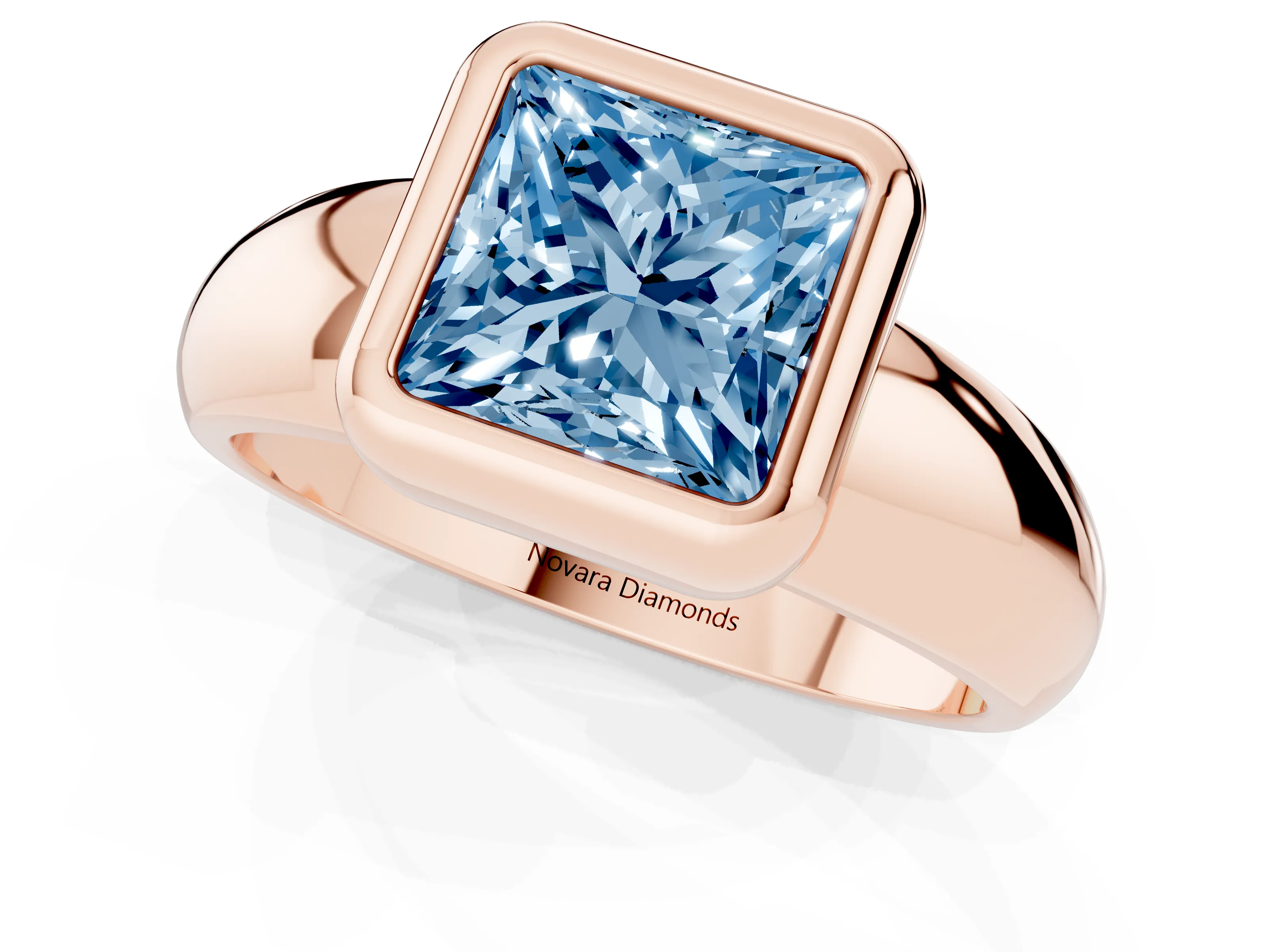 Fancy Blue Bezel Set Princess Cut Diamond Solitaire Ring Set in Rose gold with Wide Band