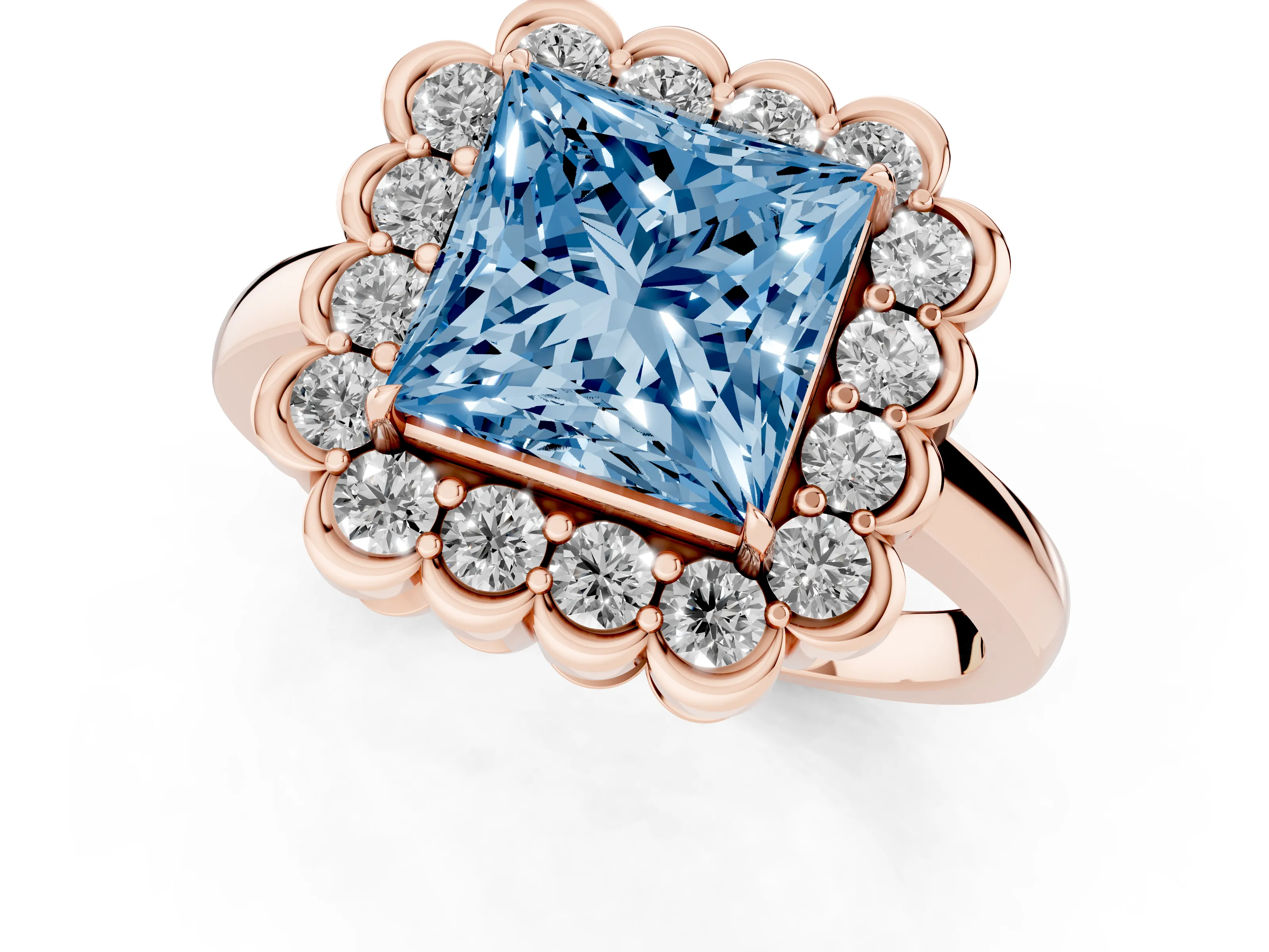 Fancy Blue Princess Cut Diamond Halo Cluster Engagement Ring Set in Rose gold with Solitaire Band and Prong Setting