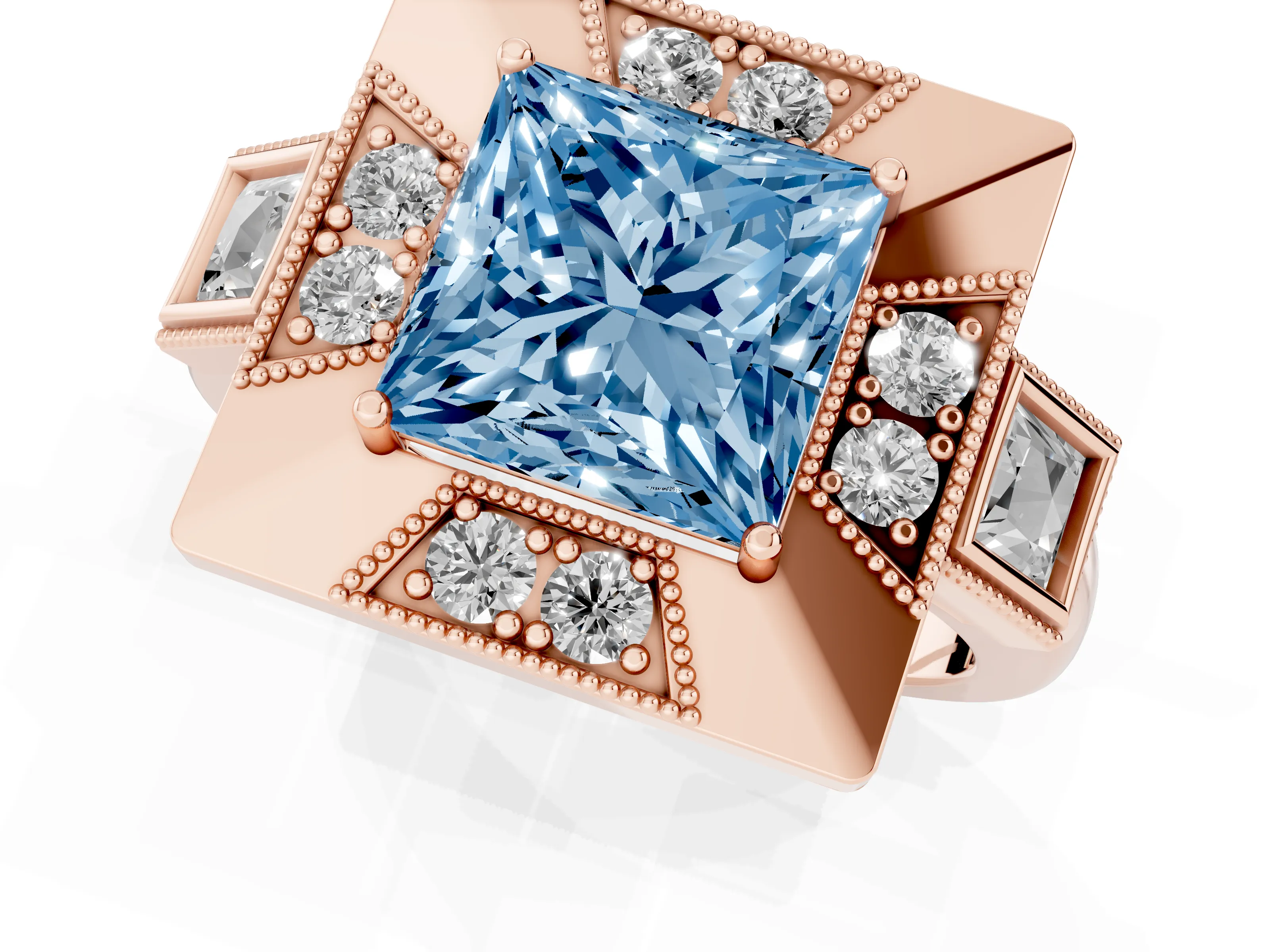 Fancy Blue Princess Cut Diamond Milgrain Halo Ring Set in Rose gold with Split Shank