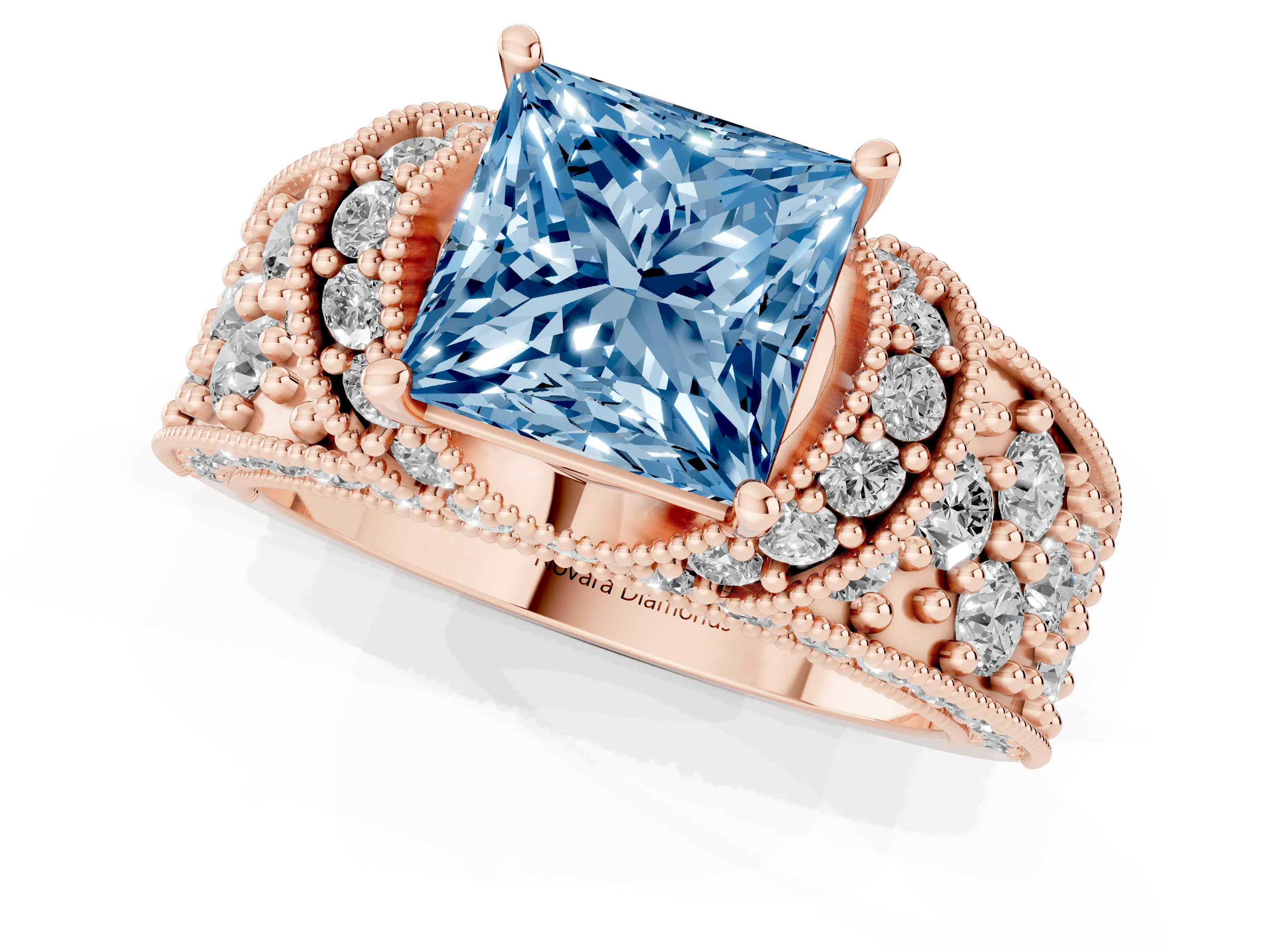 Fancy Blue Princess Cut Diamond Milgrain Halo Pavé Engagement Ring Set in Rose gold with Prong Setting