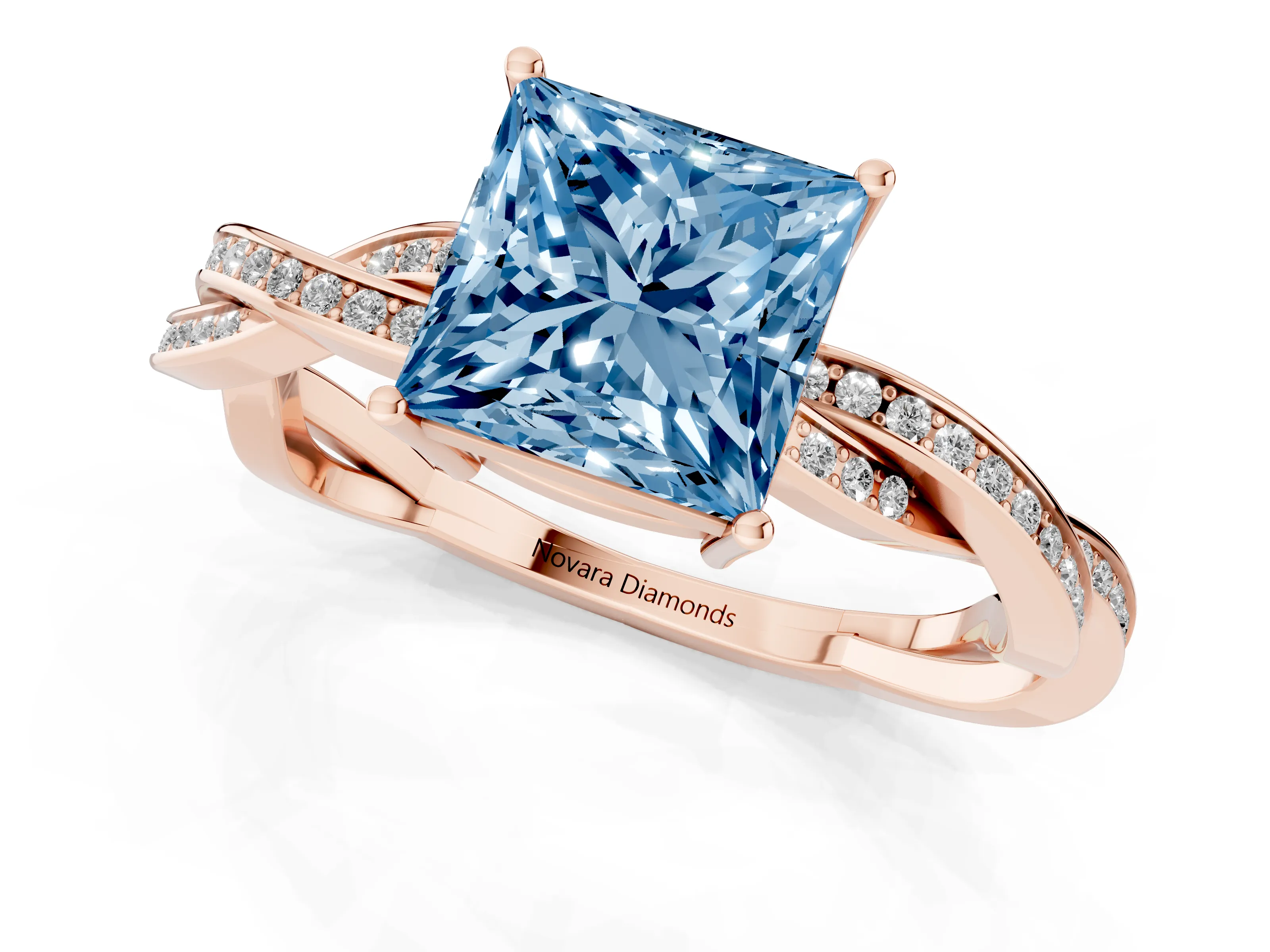 Fancy Blue Princess Cut Diamond Solitaire Twisted Pavé Ring Set in Rose gold with Prong Setting