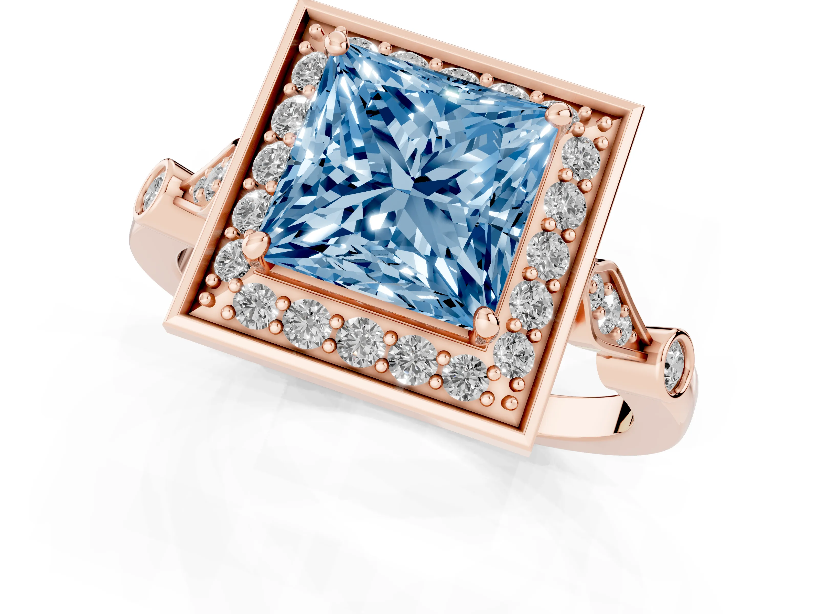 Fancy Blue Princess Cut Diamond Halo Engagement Ring Set in Rose gold with Twisted Band and Prong Setting