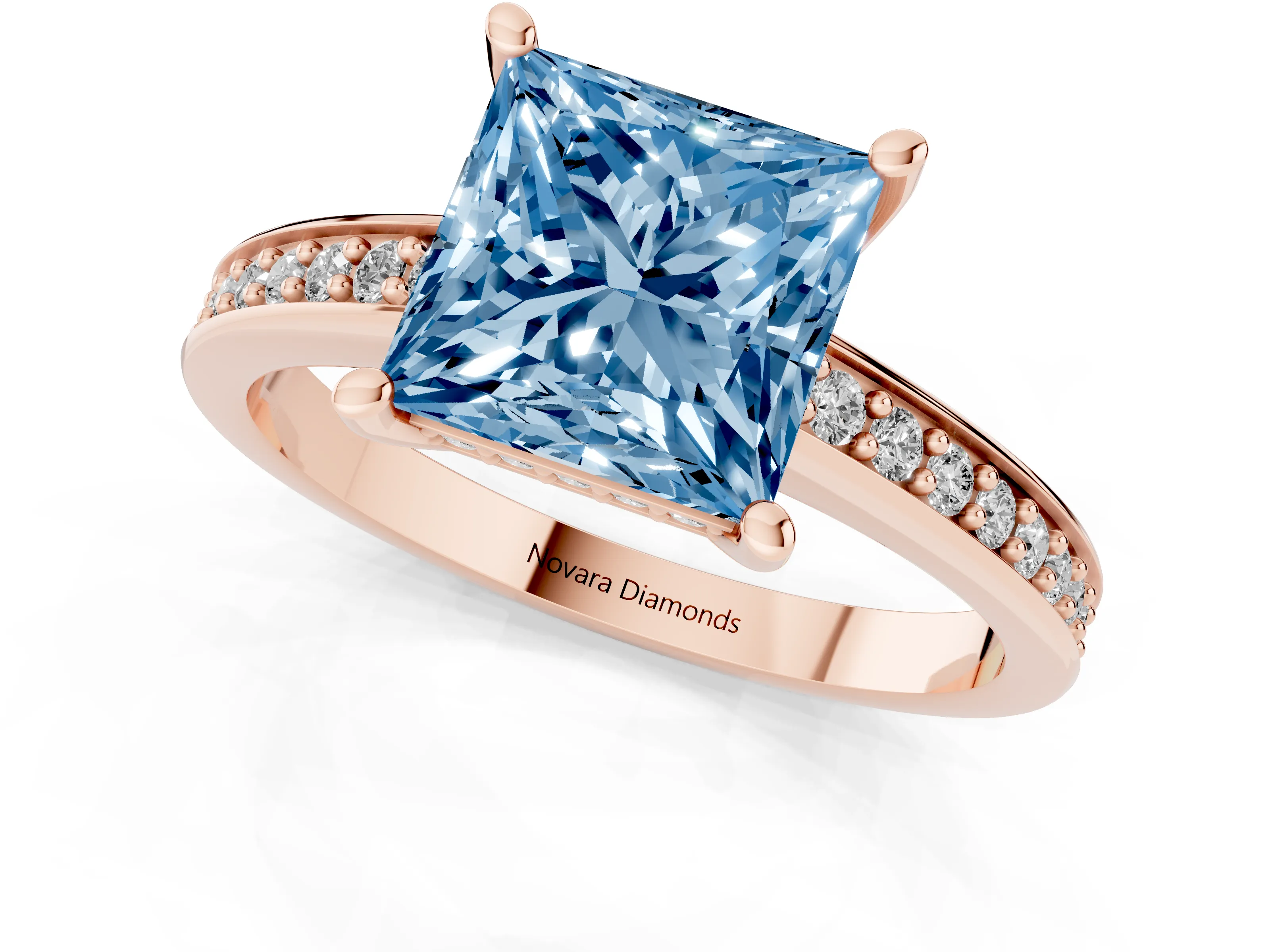 Fancy Blue Princess Cut Diamond Pavé Band Prong Set Solitaire Ring Set in Rose gold