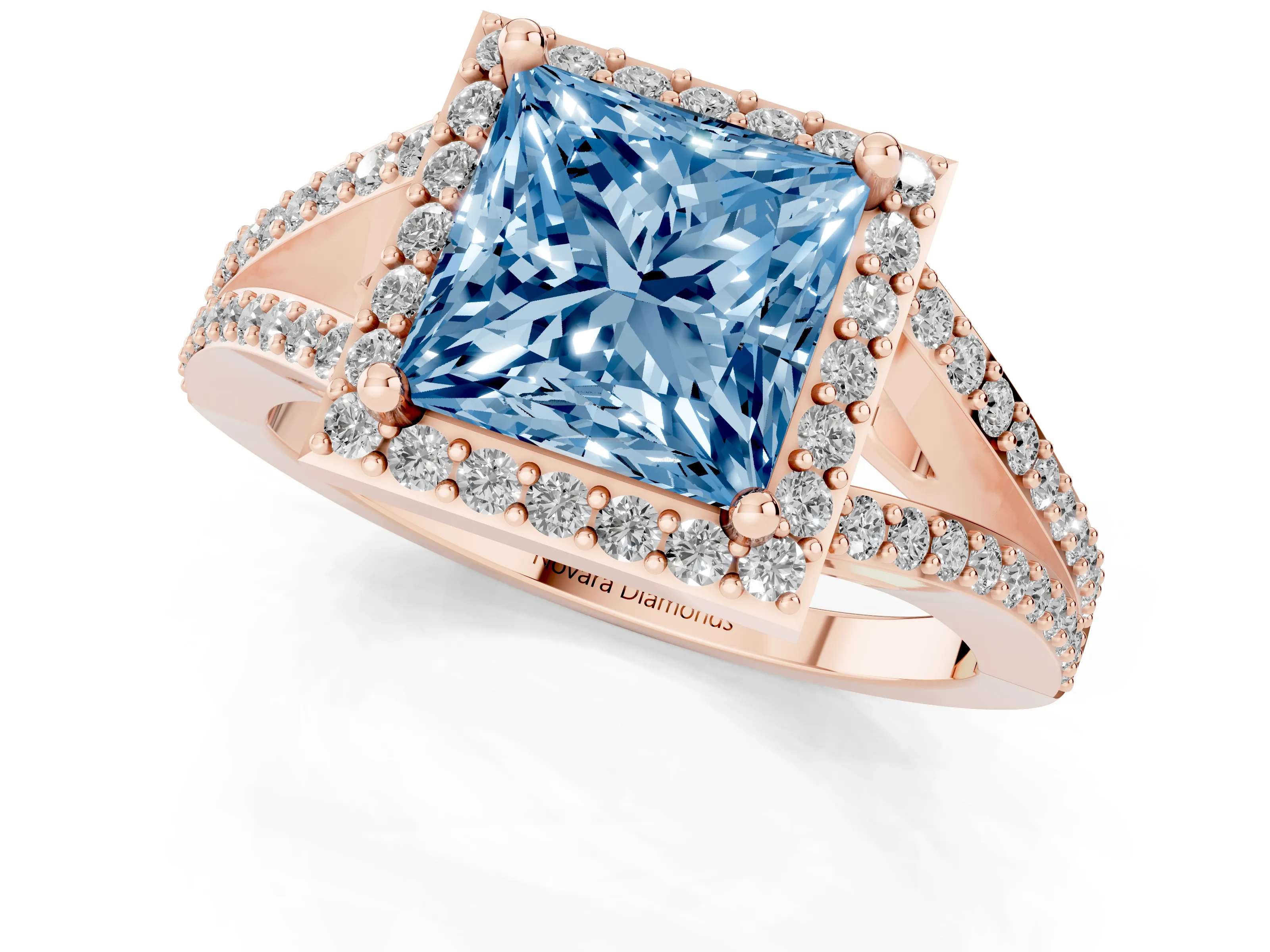 Fancy Blue Princess Cut Diamond Halo Split Shank Pavé Ring Set in Rose gold with Prong Setting