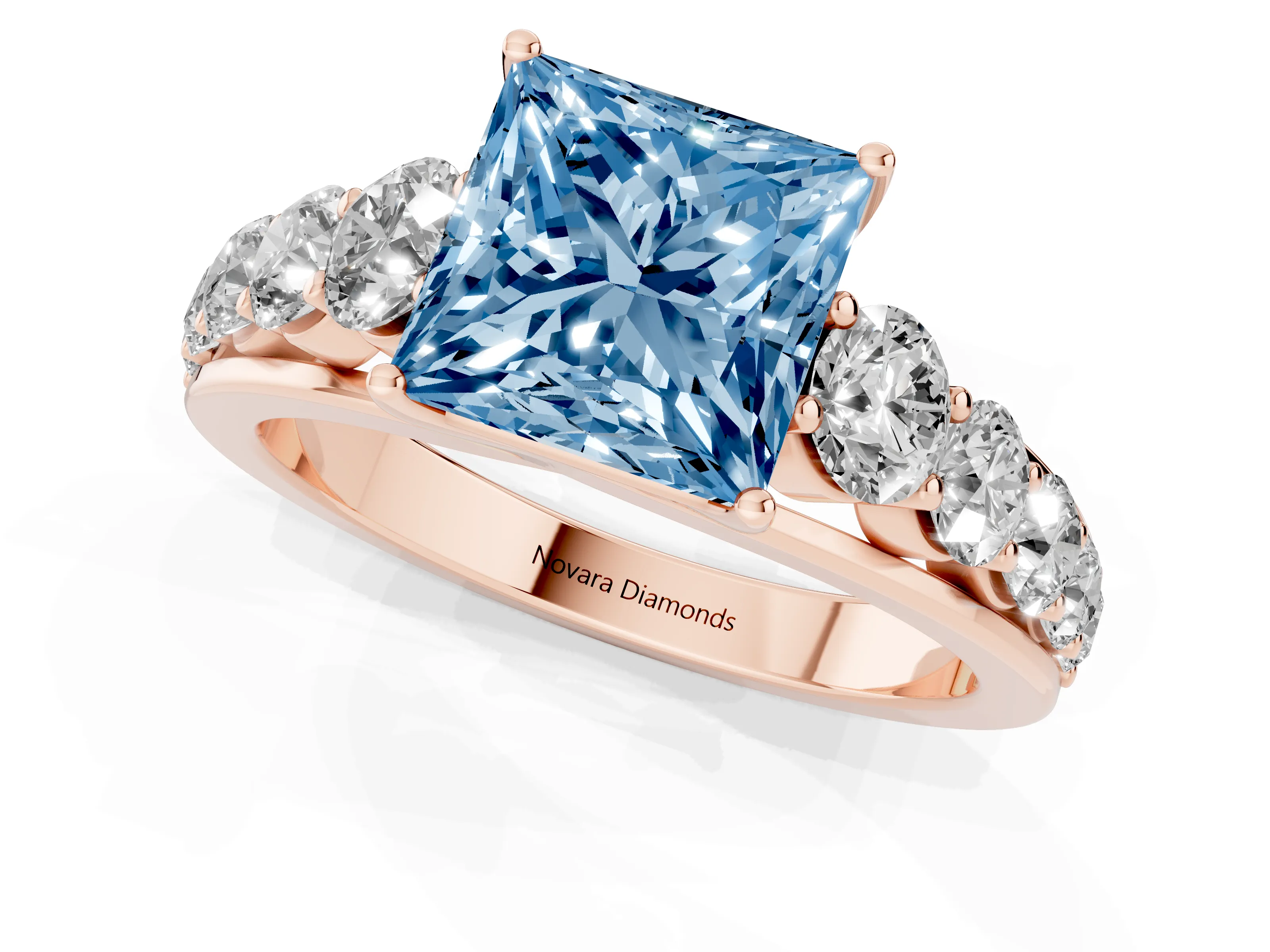 Fancy Blue Princess Cut Diamond Solitaire Ring Set in Rose gold with Pavé-Set Band and Prong Setting